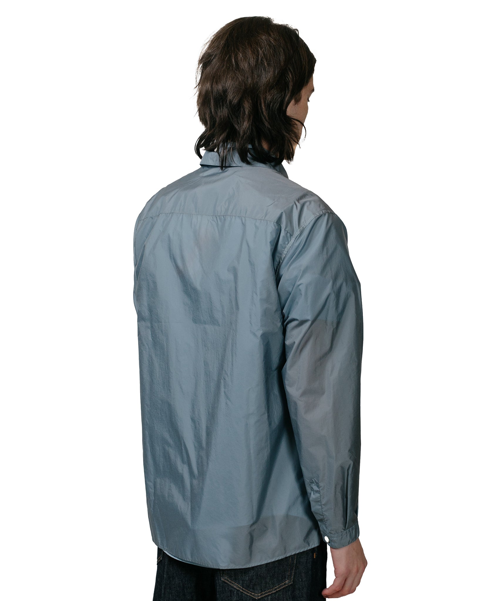 Auralee Light Nylon Zip Shirt Blue Gray model back