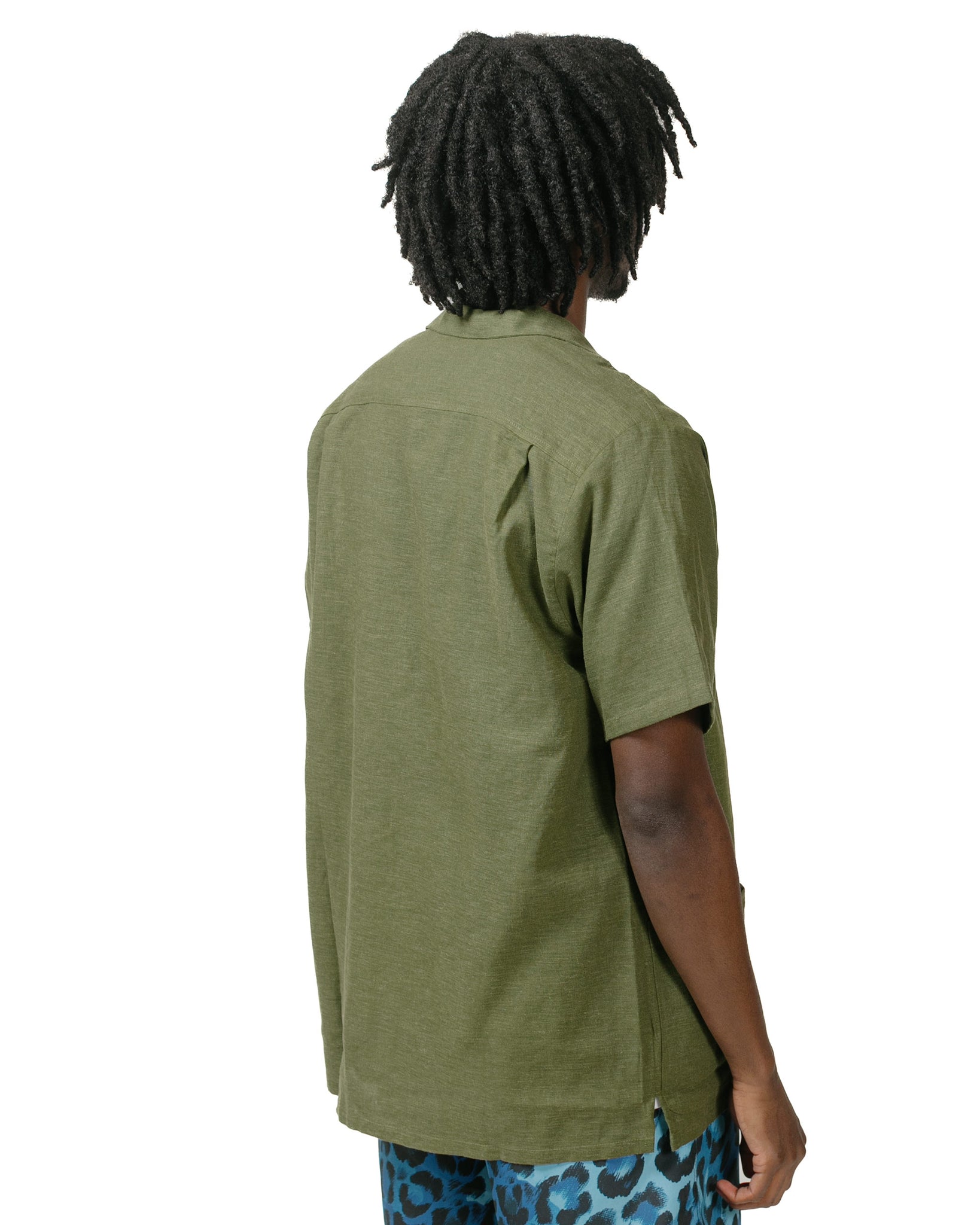 Bather Olive Linen Traveler Shirt model back