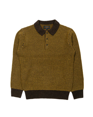 Beams Plus Knit Polo Crochet-Like BrownMustard