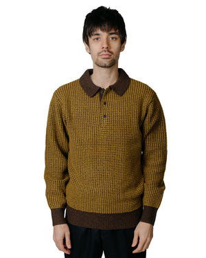 Beams Plus Knit Polo Crochet-Like BrownMustard model front