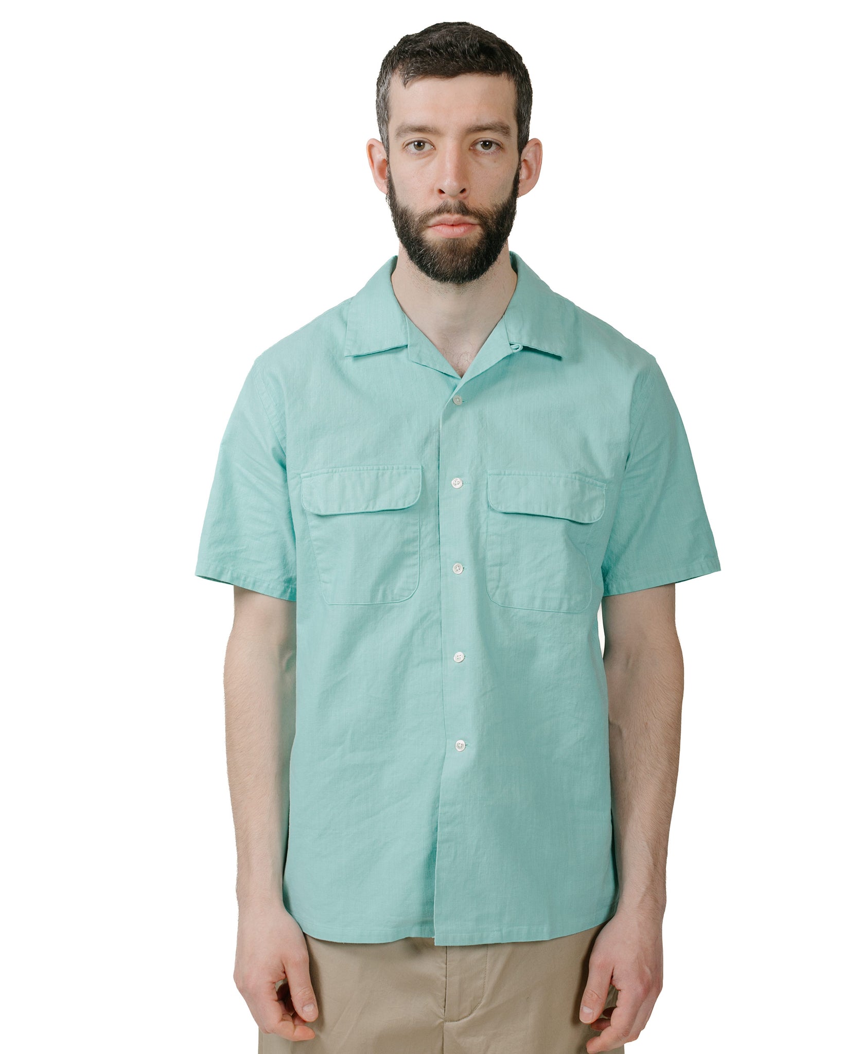 Beams Plus Open Collar Cotton Linen Panama Garment Dye Mint Green model front