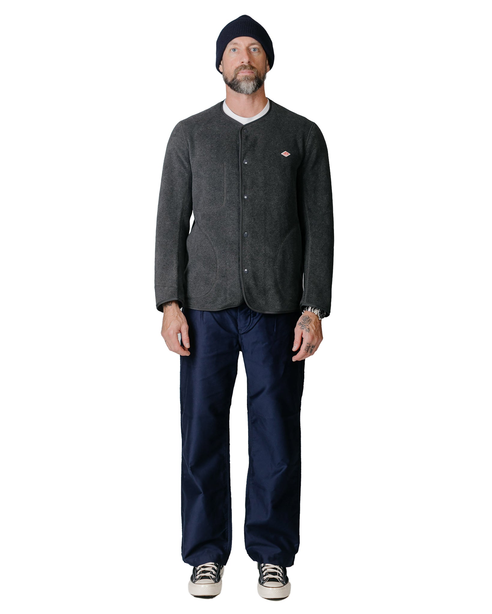 Danton Fleece Collarless Jacket Charcoal Grey Model Full