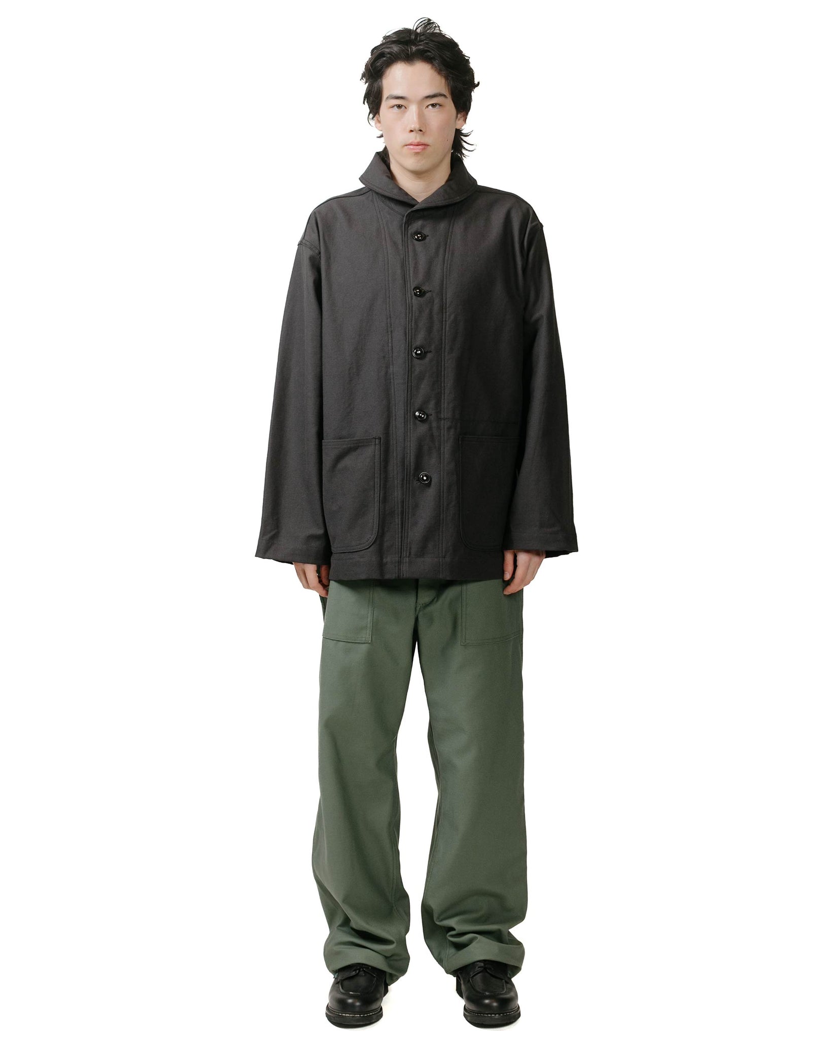 Engineered Garments Workaday Shawl Collar Jacket Black Cotton Reverse Sateen model full