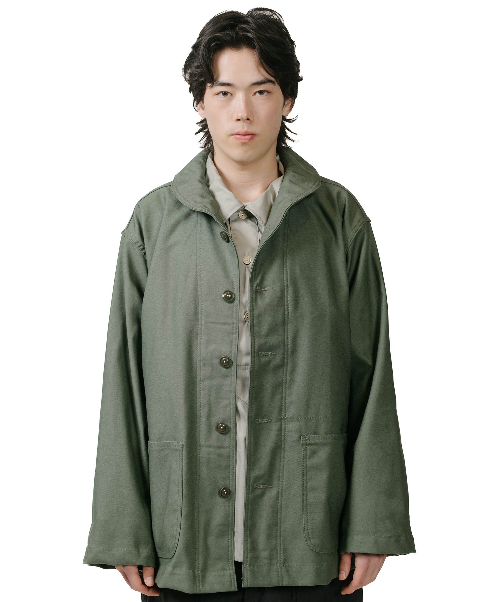 Engineered Garments Workaday Shawl Collar Jacket Olive Cotton Reverse Sateen model front