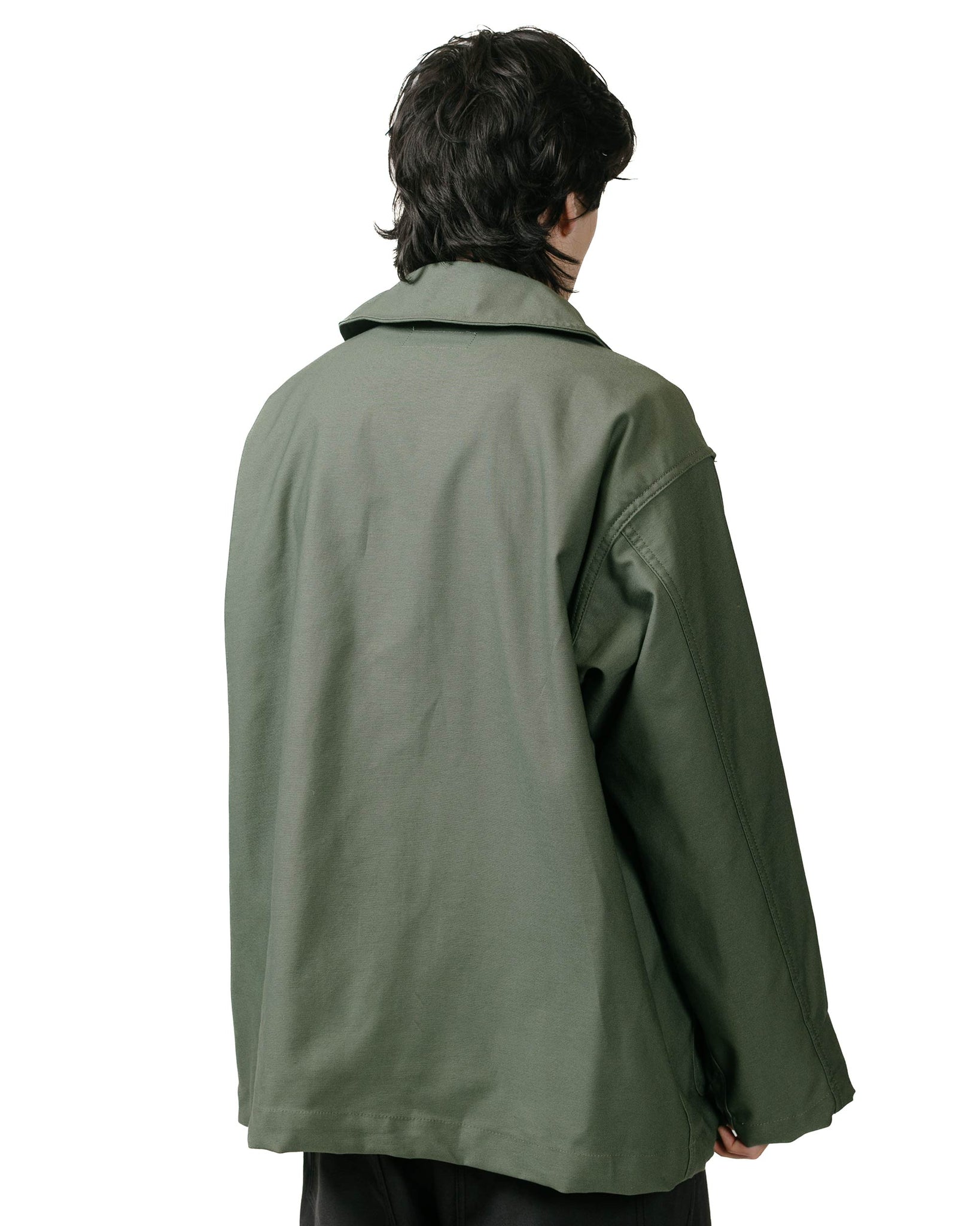 Engineered Garments Workaday Shawl Collar Jacket Olive Cotton Reverse Sateen model back