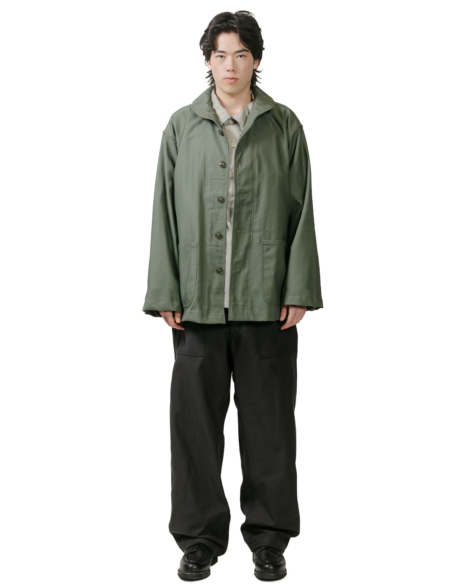 Engineered Garments Workaday Shawl Collar Jacket Olive Cotton Reverse Sateen model full