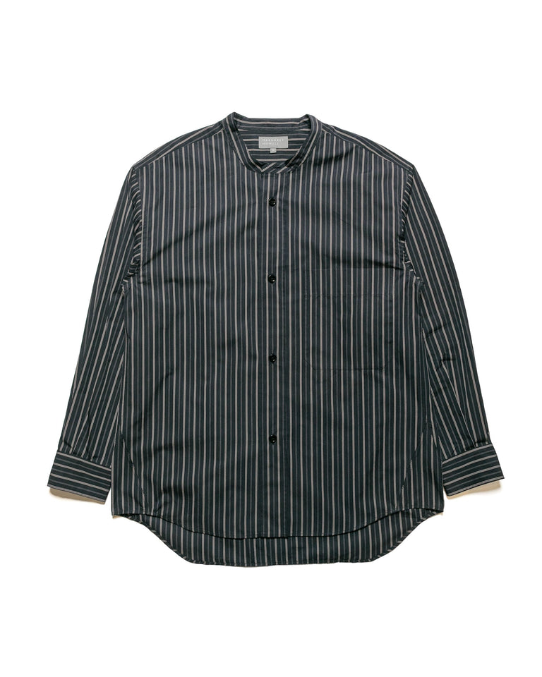 Margaret Howell Oversized Collarless Shirt Triple Stripe Cotton BlackStone