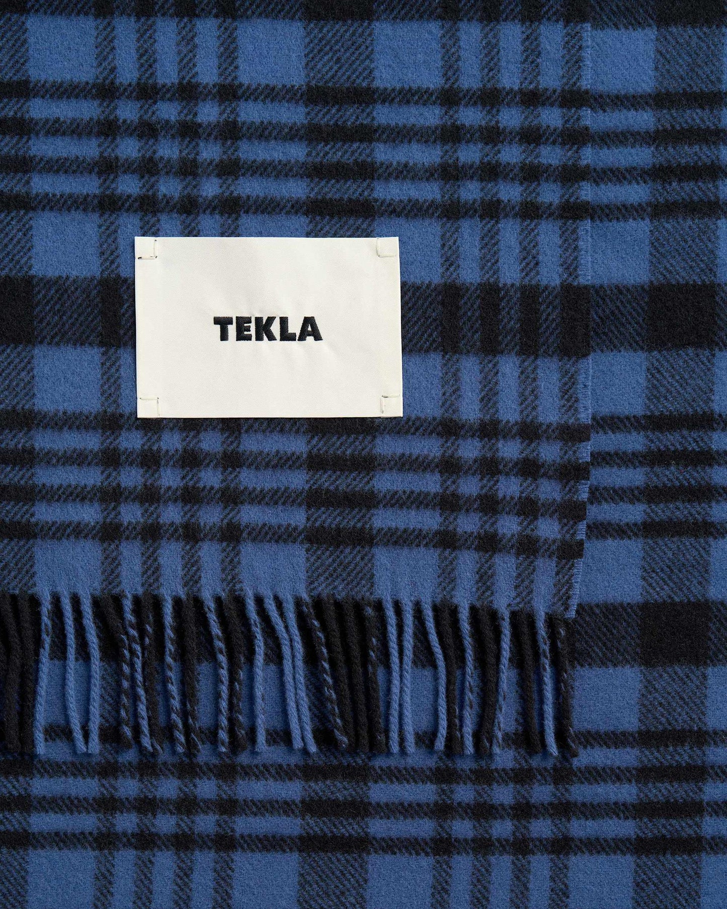 Tekla Lambswool Fringed Blanket Blue Plaid