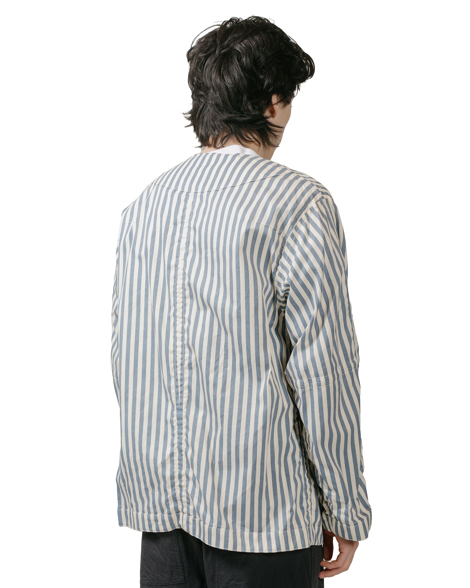 ts(s) Reversible Seam Taping Collarless Jacket Block Stripe Print Cotton Twill Cloth Blue model back