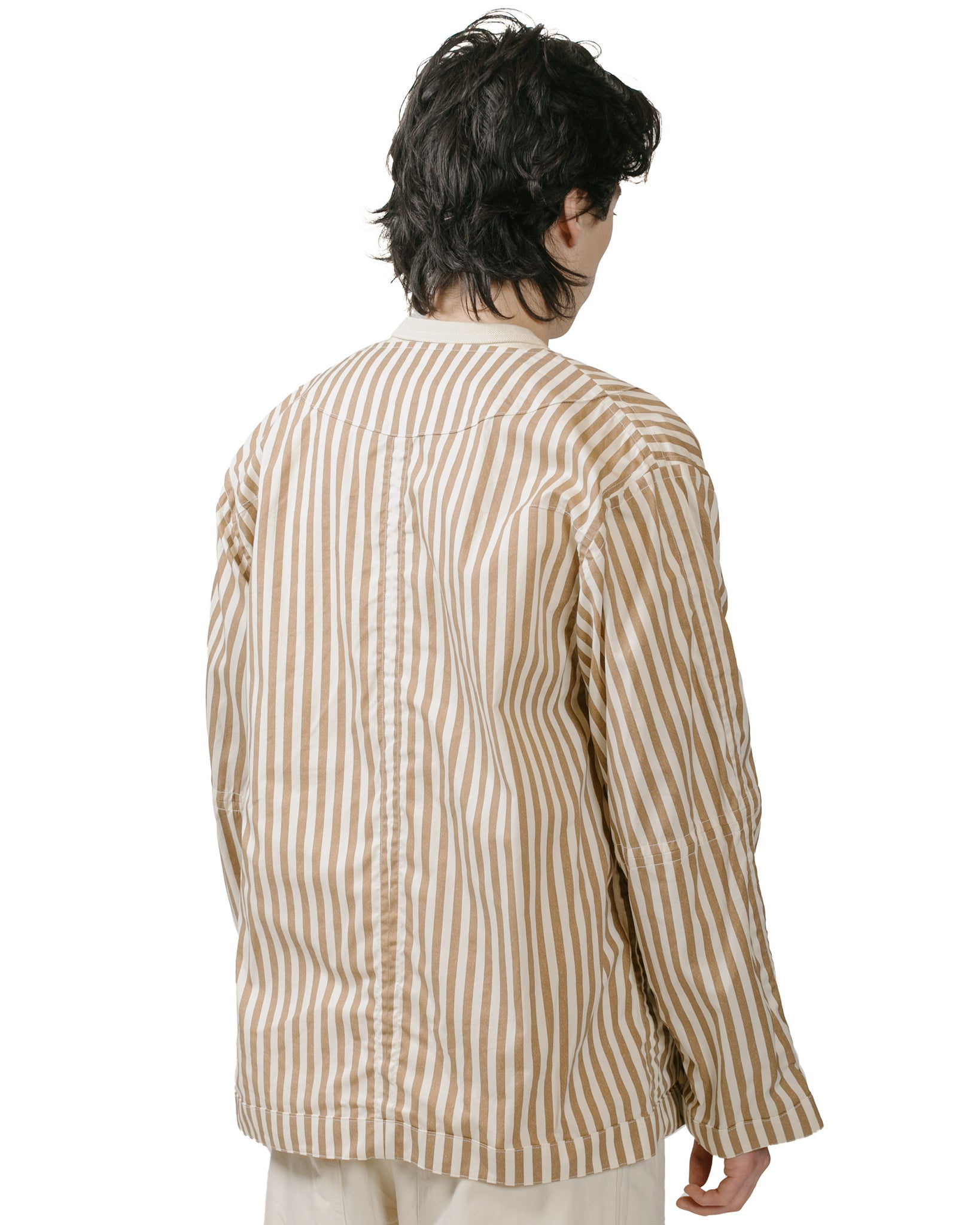 ts(s) Reversible Seam Taping Collarless Jacket Block Stripe Print Cotton Twill Cloth Brown model back