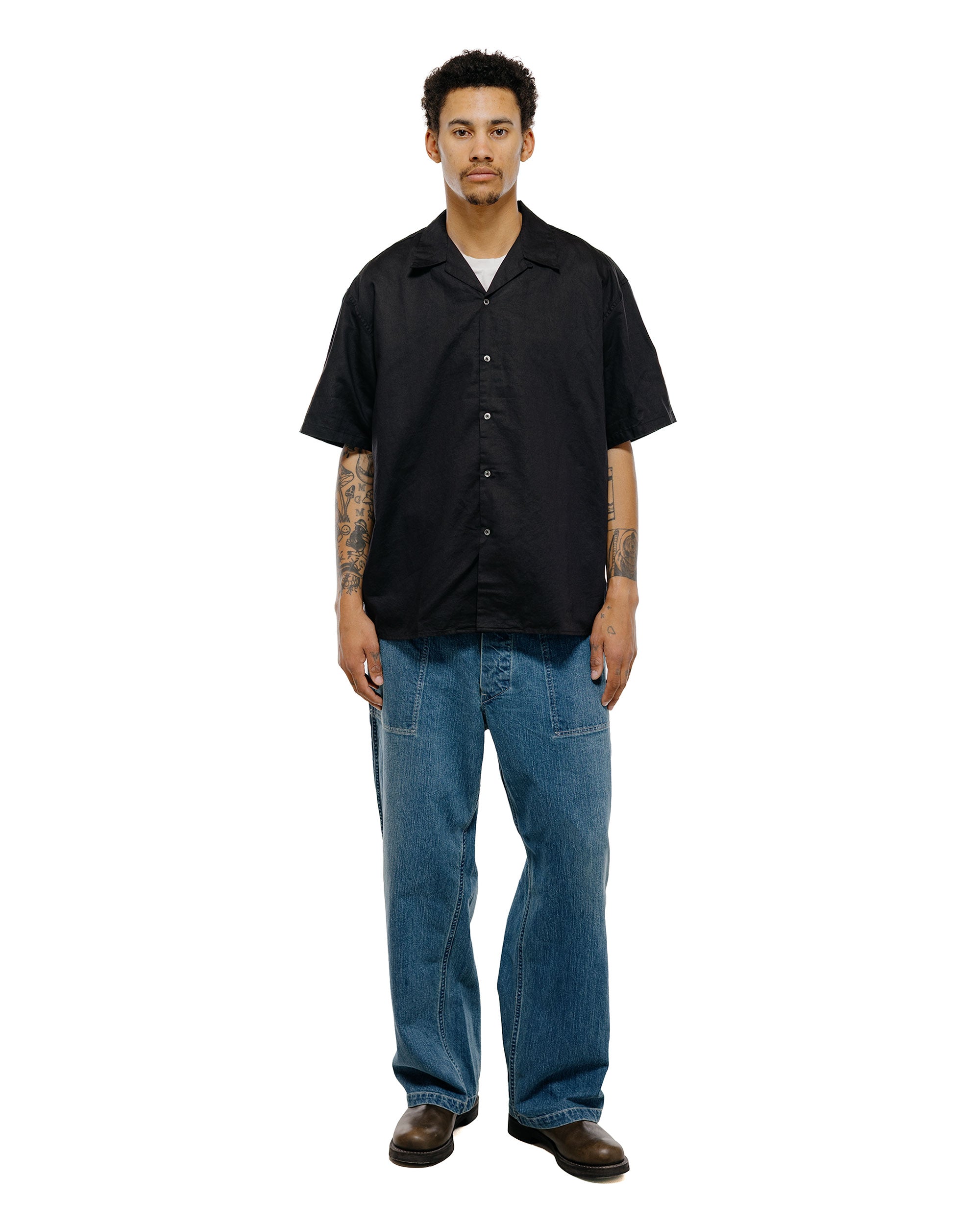 CIOTA Open Collar Short Sleeve Shirt Cotton/Linen Black