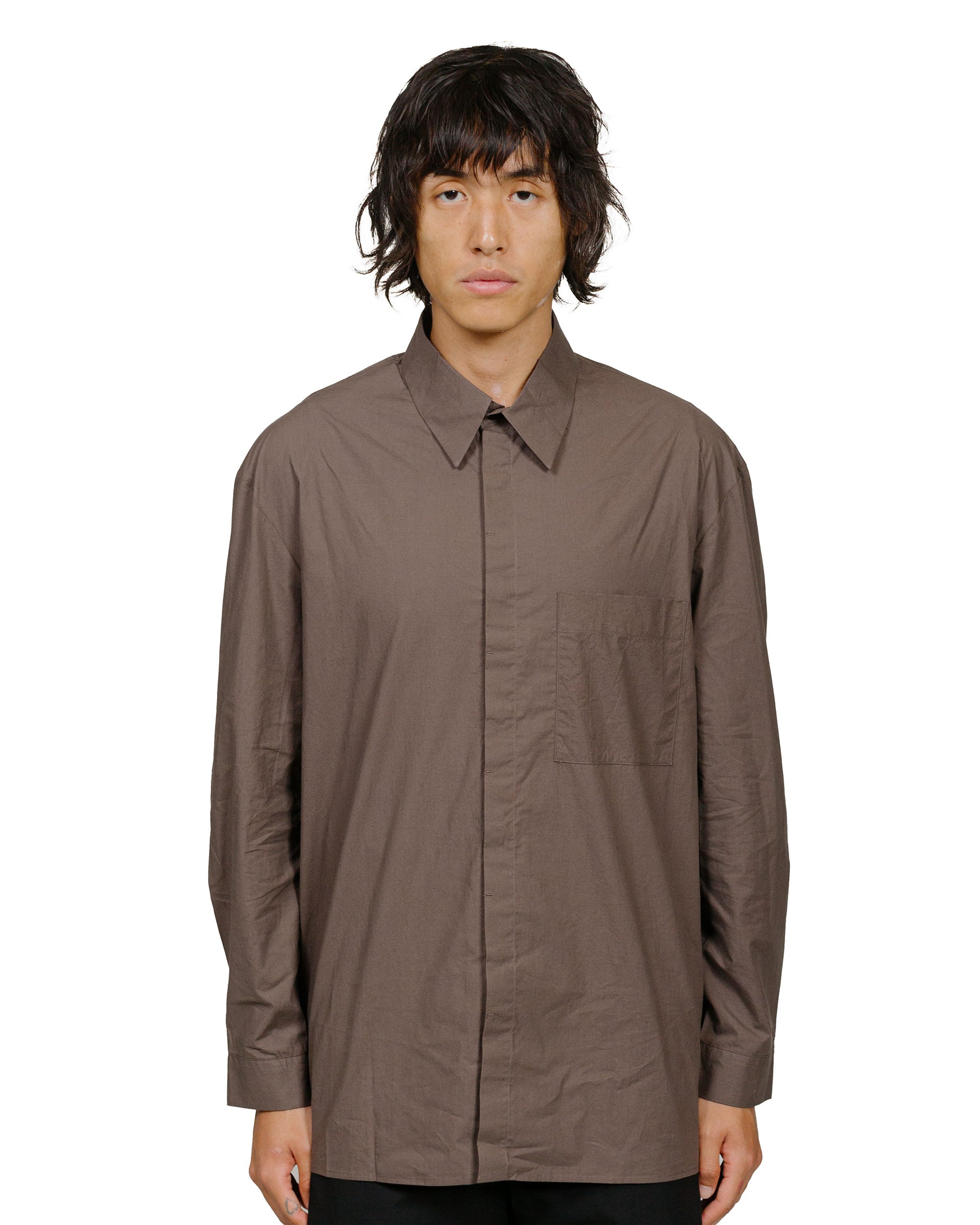 Amomento Square Pocket Oversized Shirts Brown model front