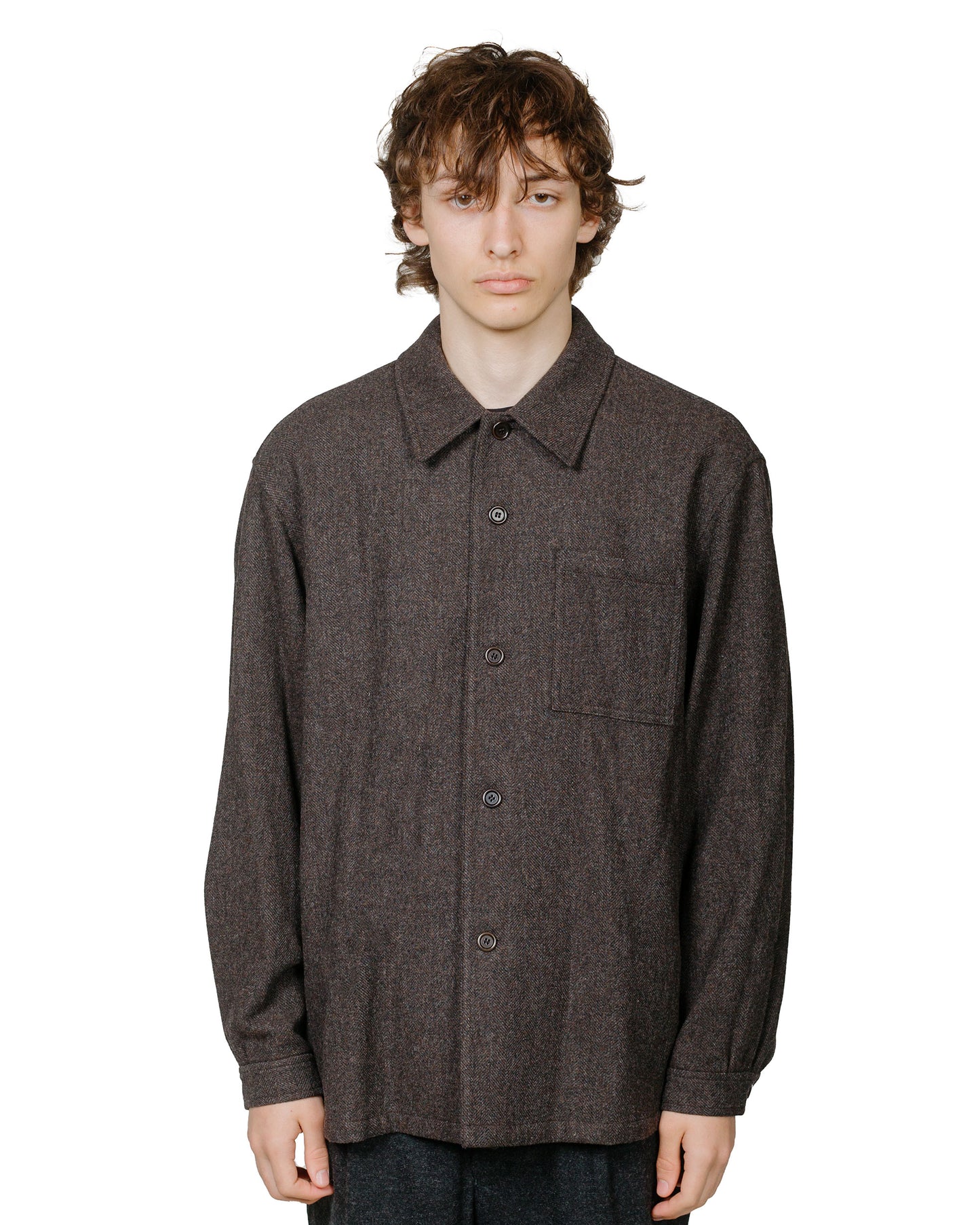 Amomento Wool Shirt Dark Brown model front