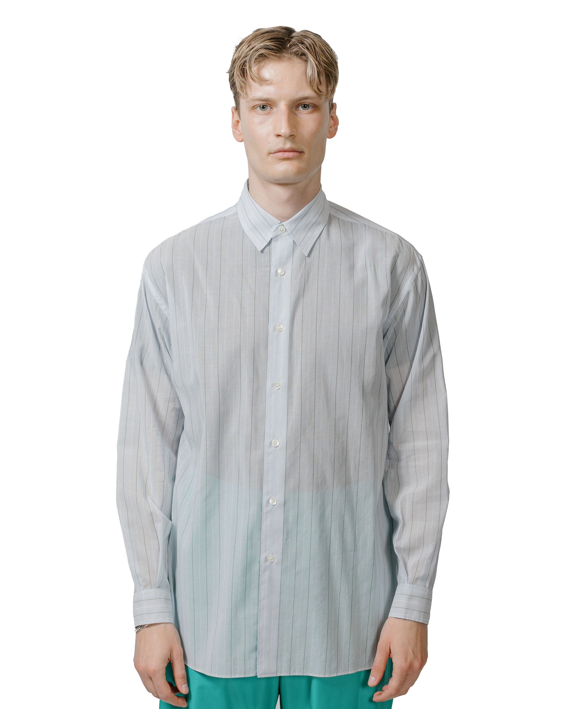 Auralee Hard Twist Finx Organdy Stripe Shirt Light Blue Stripe model front