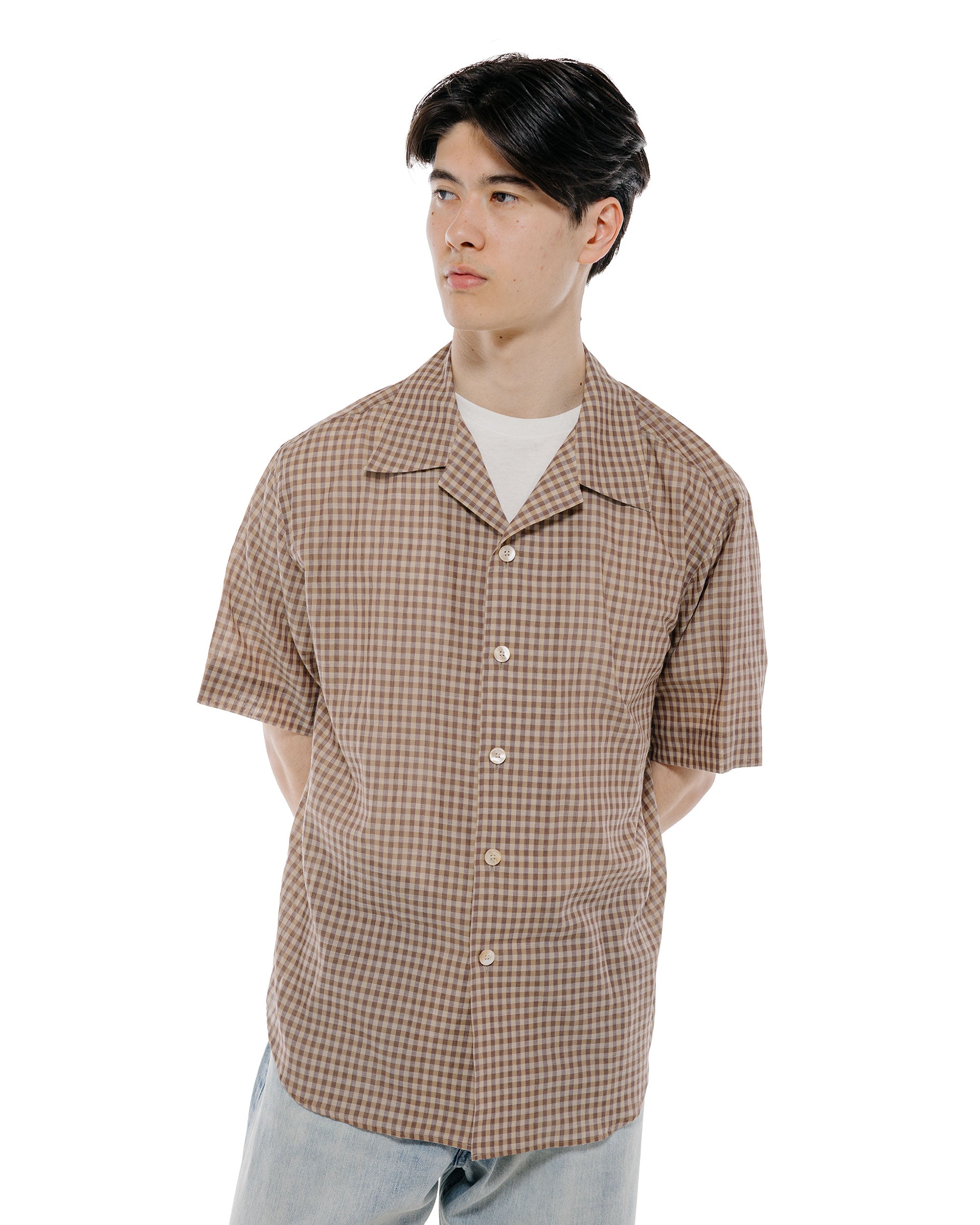 Auralee Airy Light Cotton Check Half Sleeved Shirt Brown Gingham Check