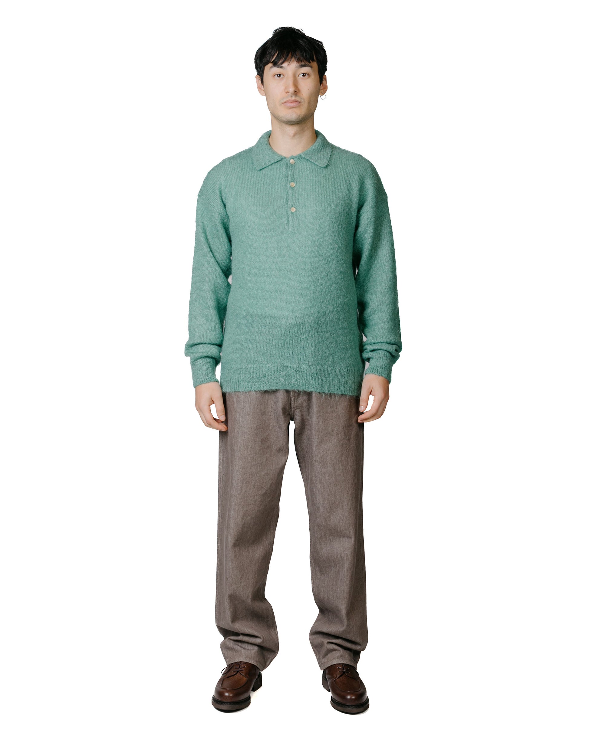 Auralee Brushed Super Kid Mohair Knit Polo Jade Green model full