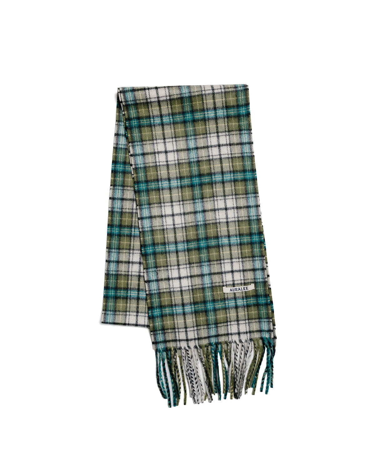 Auralee Cashmere Check Long Stole Moss Green Check