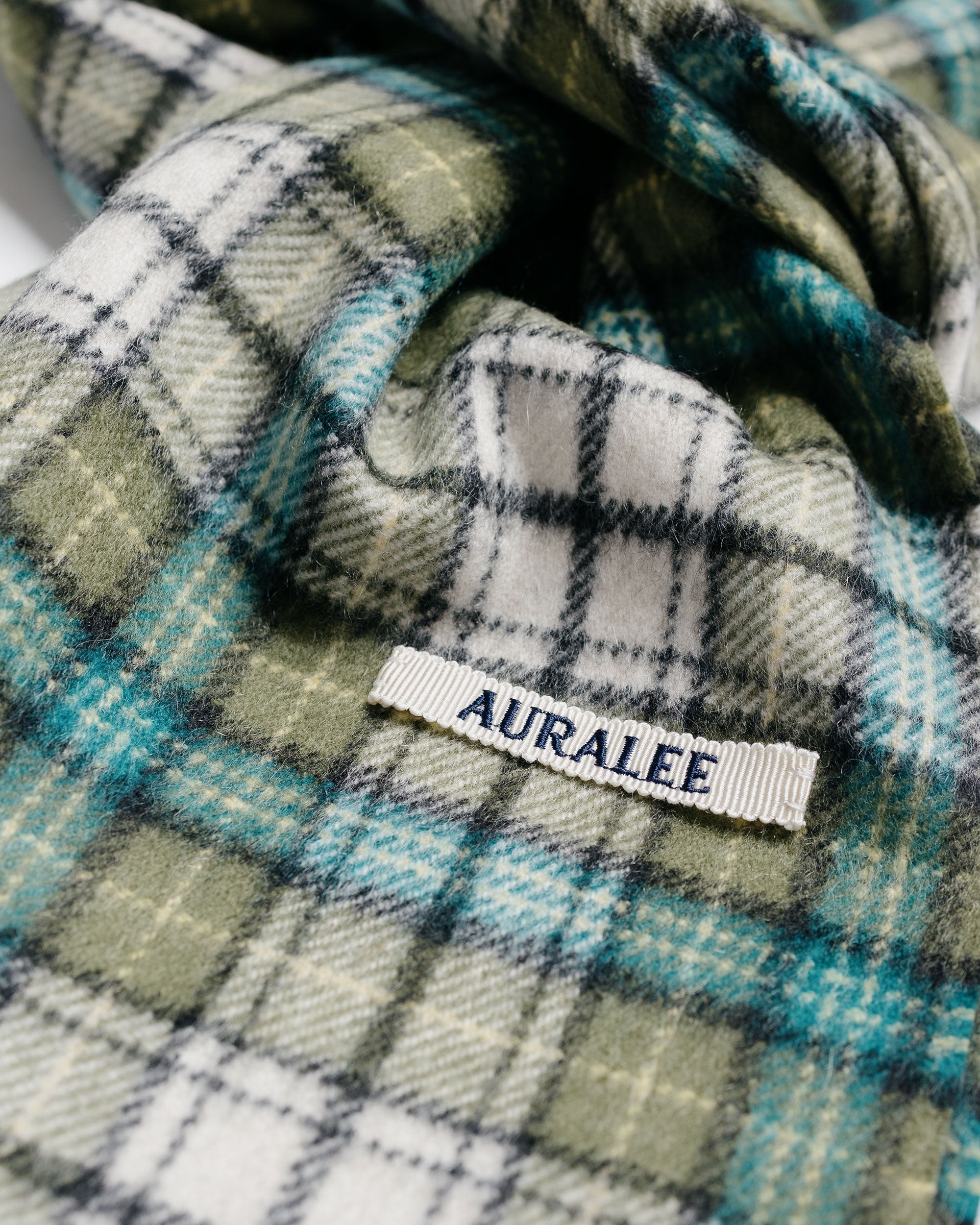 Auralee Cashmere Check Long Stole Moss Green Check
