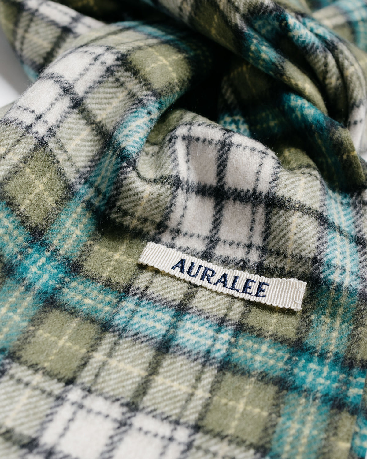 Auralee Cashmere Check Long Stole Moss Green Check