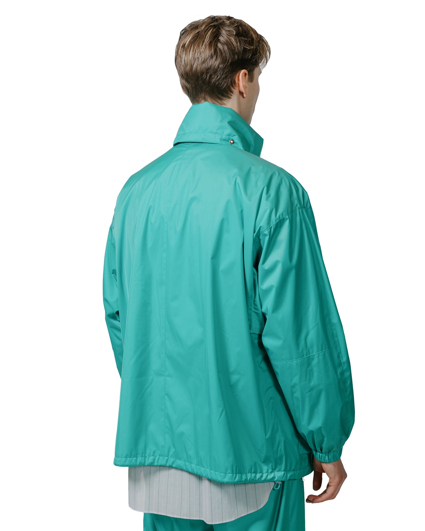 Auralee Hard Twist Polyester Satin Laminate Zip Blouson Turquoise Blue model back