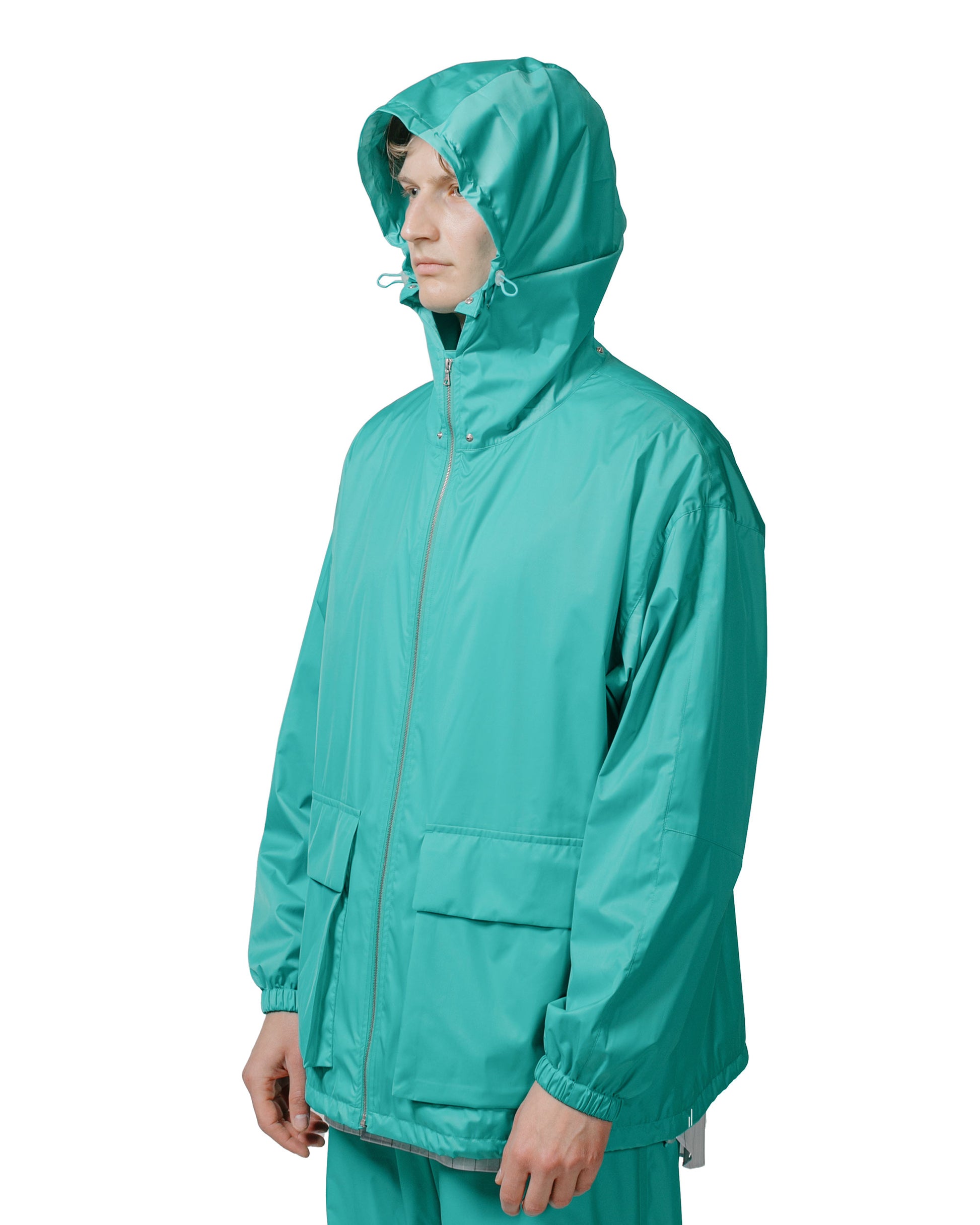 Auralee Hard Twist Polyester Satin Laminate Zip Blouson Turquoise Blue model hood front