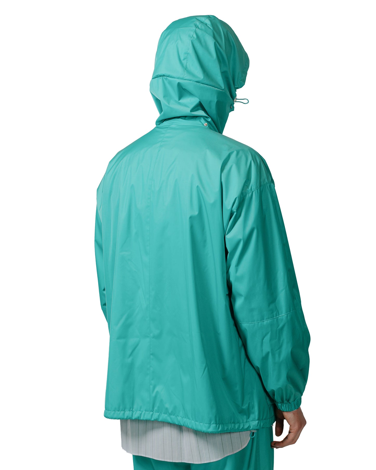 Auralee Hard Twist Polyester Satin Laminate Zip Blouson Turquoise Blue model hood back