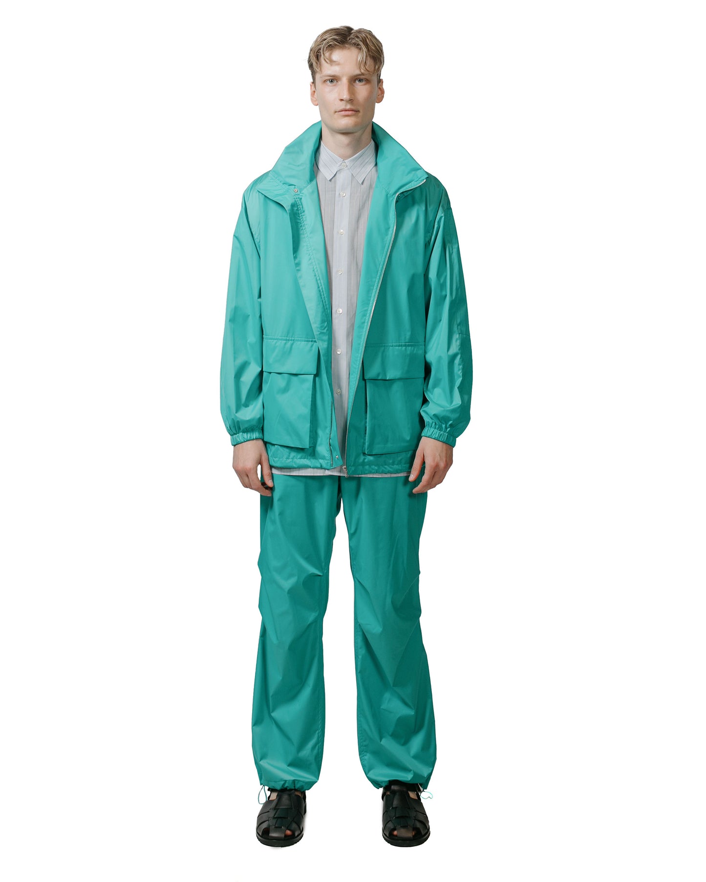 Auralee Hard Twist Polyester Satin Laminate Zip Blouson Turquoise Blue model full