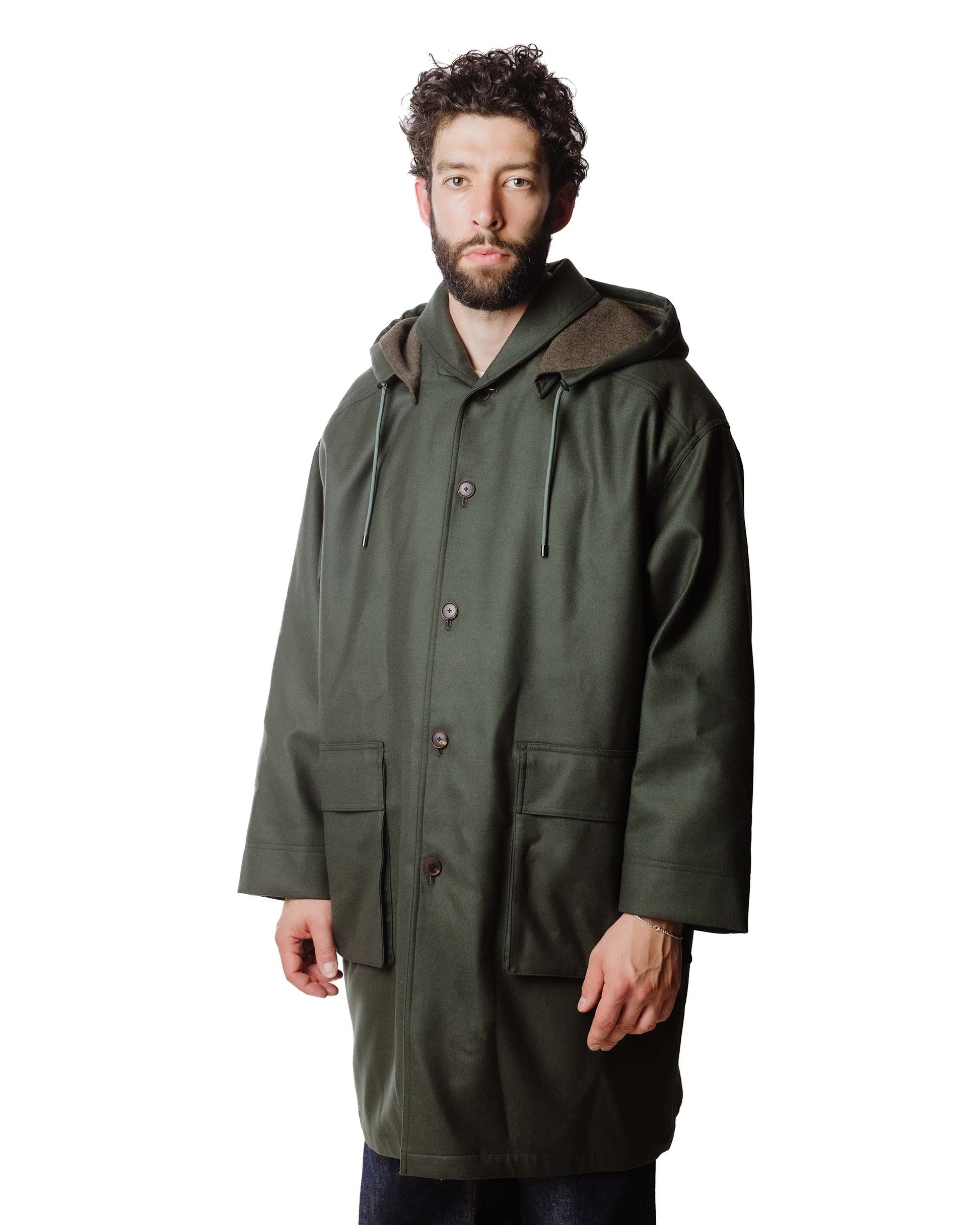 Auralee Light Melton Hooded Liner Coat Dark Olive Model Close front