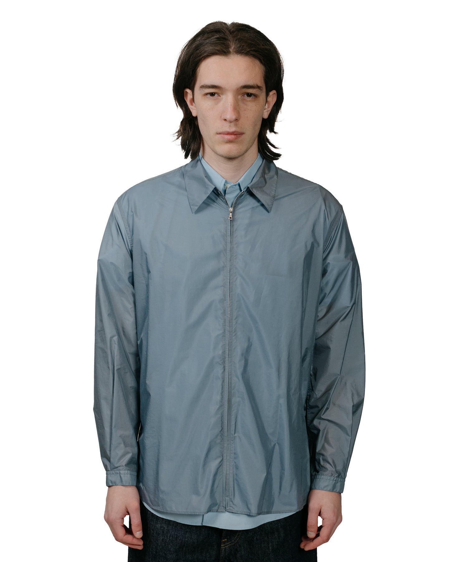 Auralee Light Nylon Zip Shirt Blue Gray model front