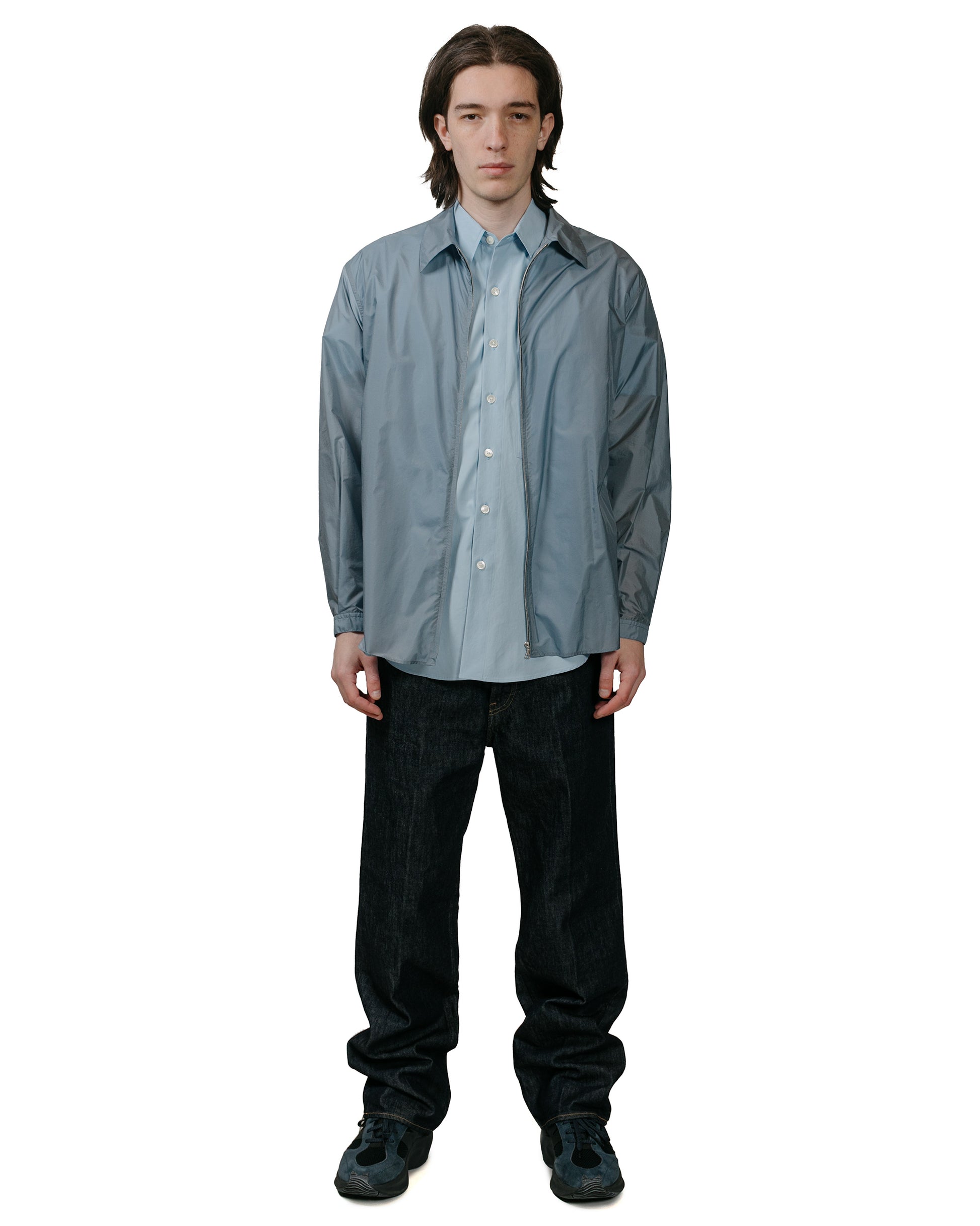 Auralee Light Nylon Zip Shirt Blue Gray model full