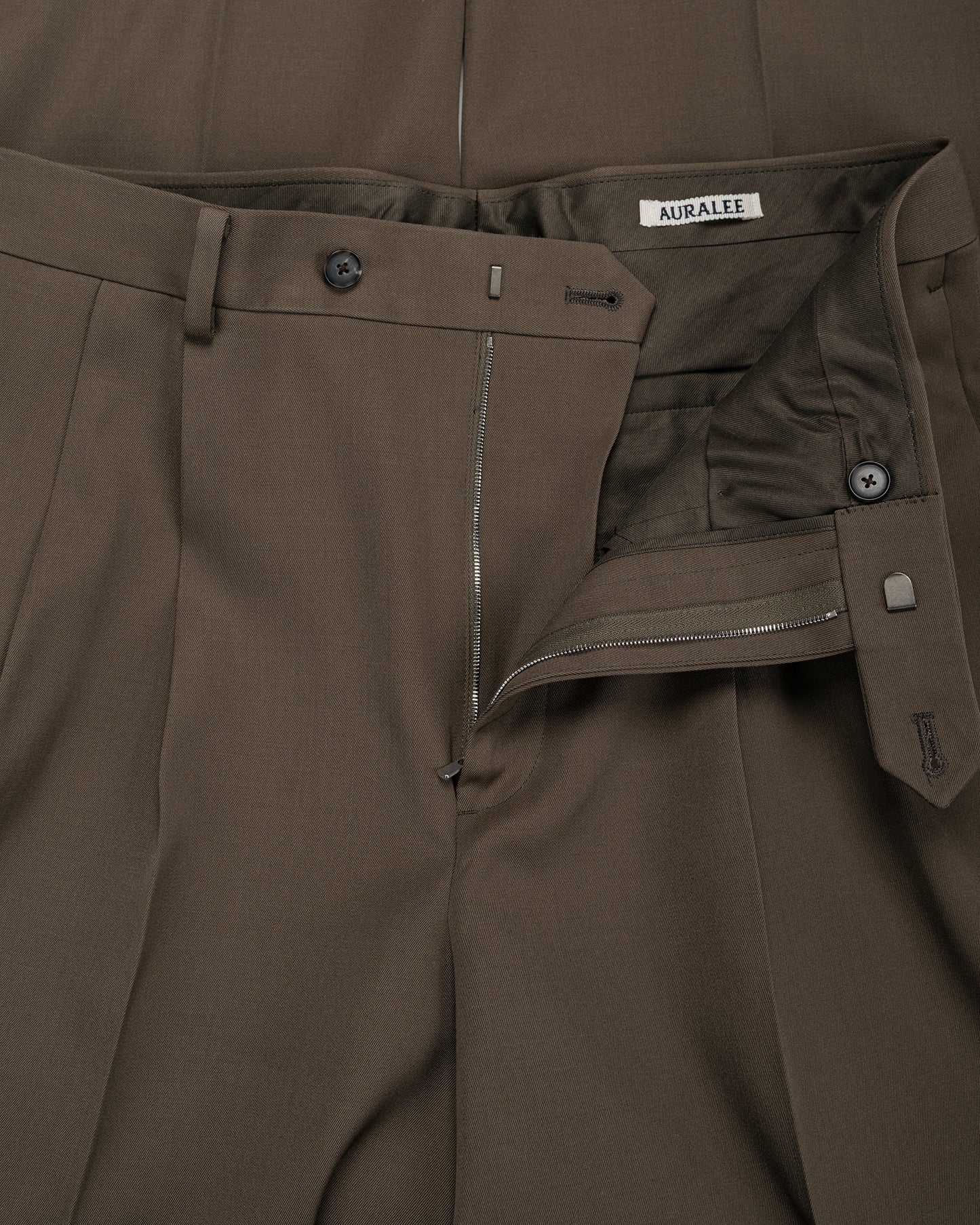 Auralee Light Wool Max Gabardine Two-Tuck Slacks Dark Olive Brown