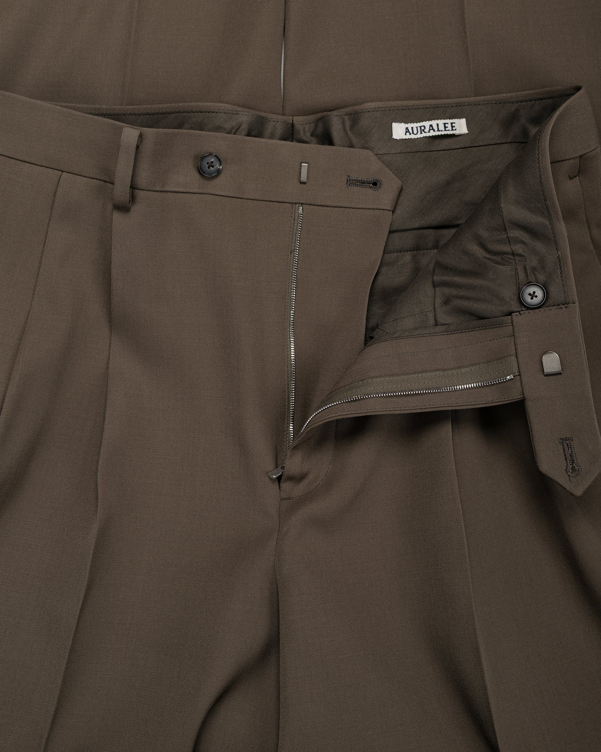 Auralee Light Wool Max Gabardine Two-Tuck Slacks Dark Olive Brown