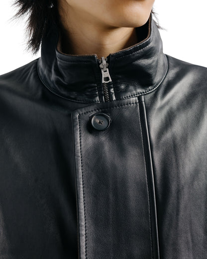 Auralee Reversible Wool Twisted Twill / Sheep Leather Half Coat Brown Chambray/Black