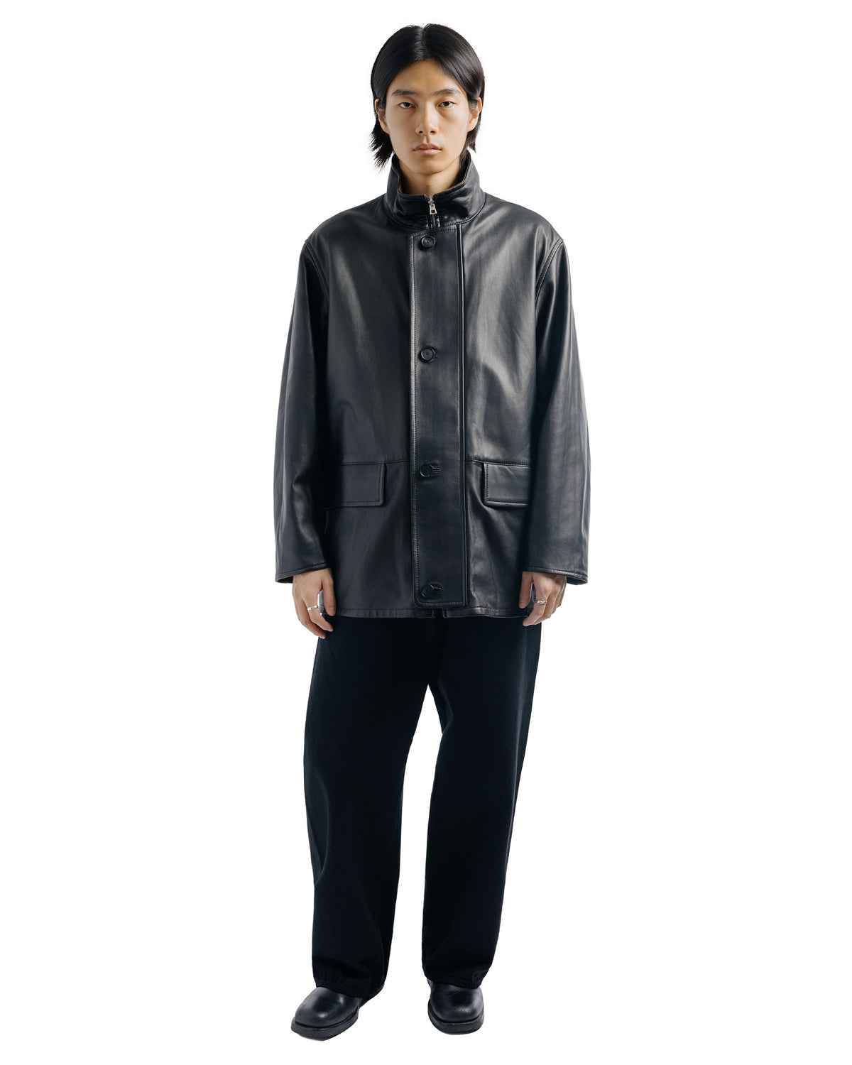 Auralee Reversible Wool Twisted Twill / Sheep Leather Half Coat Brown Chambray/Black