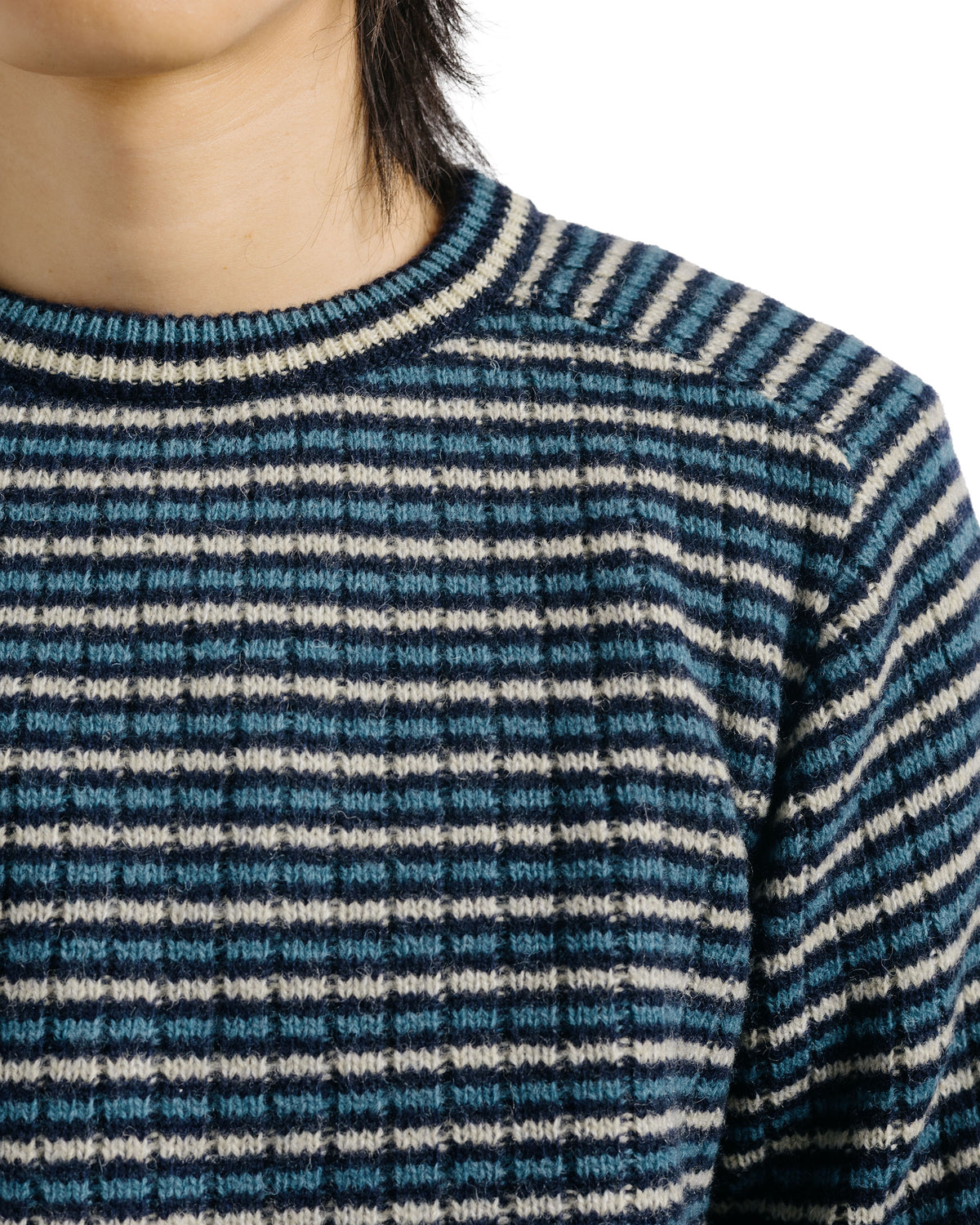 Auralee Shetland Wool Cashmere Rib Knit P/O Navy Stripe