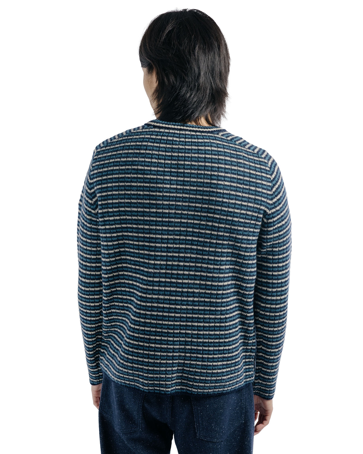 Auralee Shetland Wool Cashmere Rib Knit P/O Navy Stripe