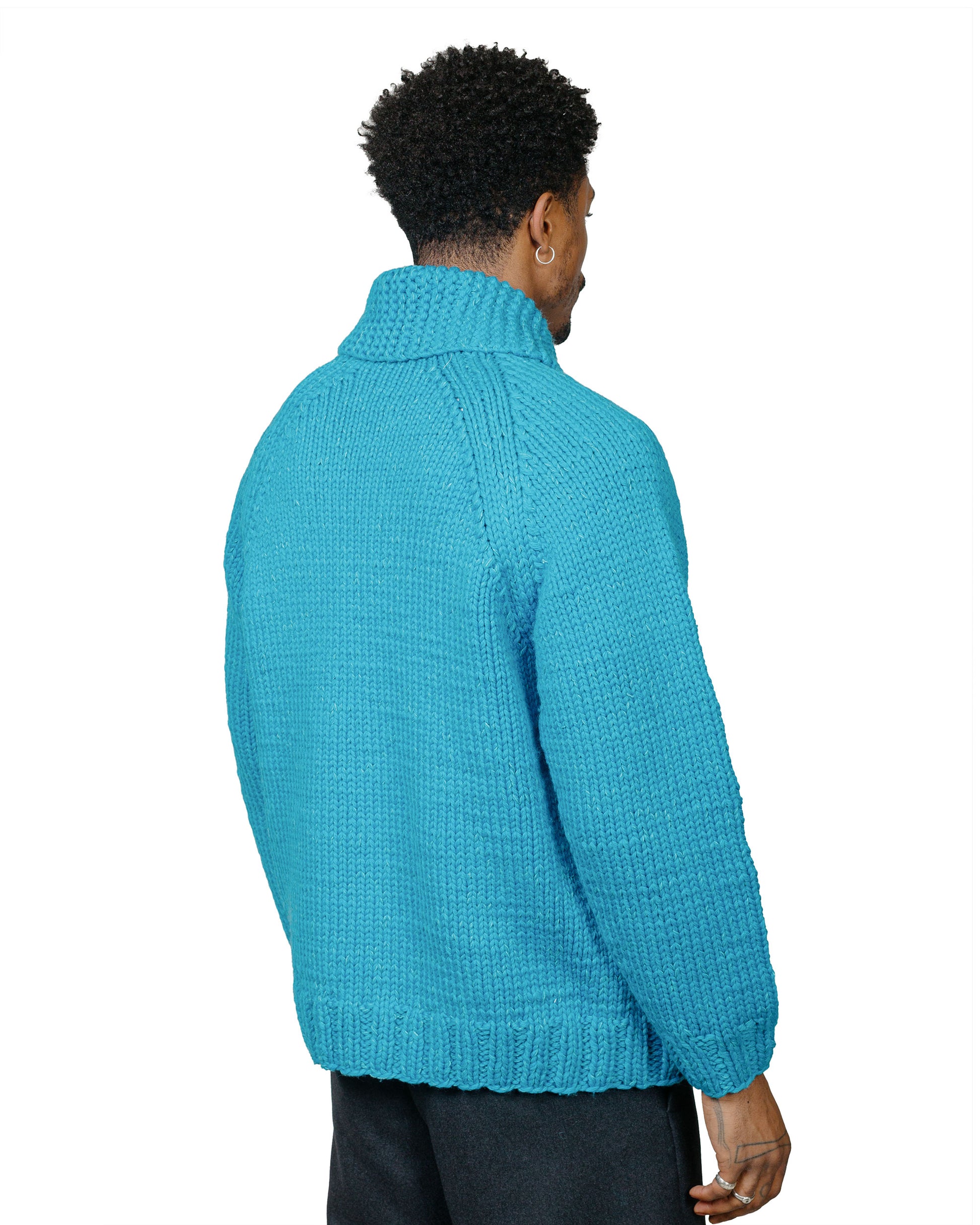 Auralee Silk Wool Hand Knit Cowichan Aqua Blue model back