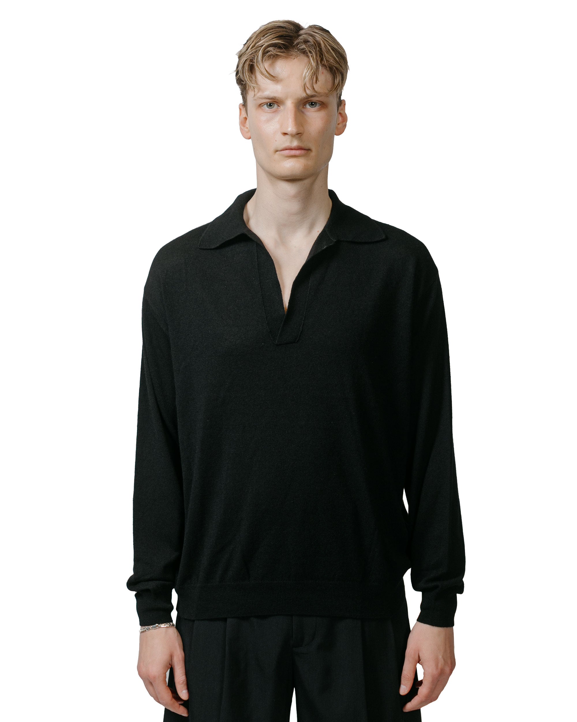 Auralee Super Fine Cashmere Silk Knit Skipper Polo Black