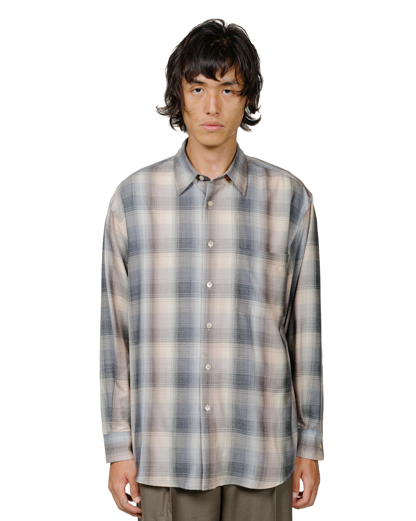 Auralee Super Light Wool Check Shirt Beige Blue Check model front