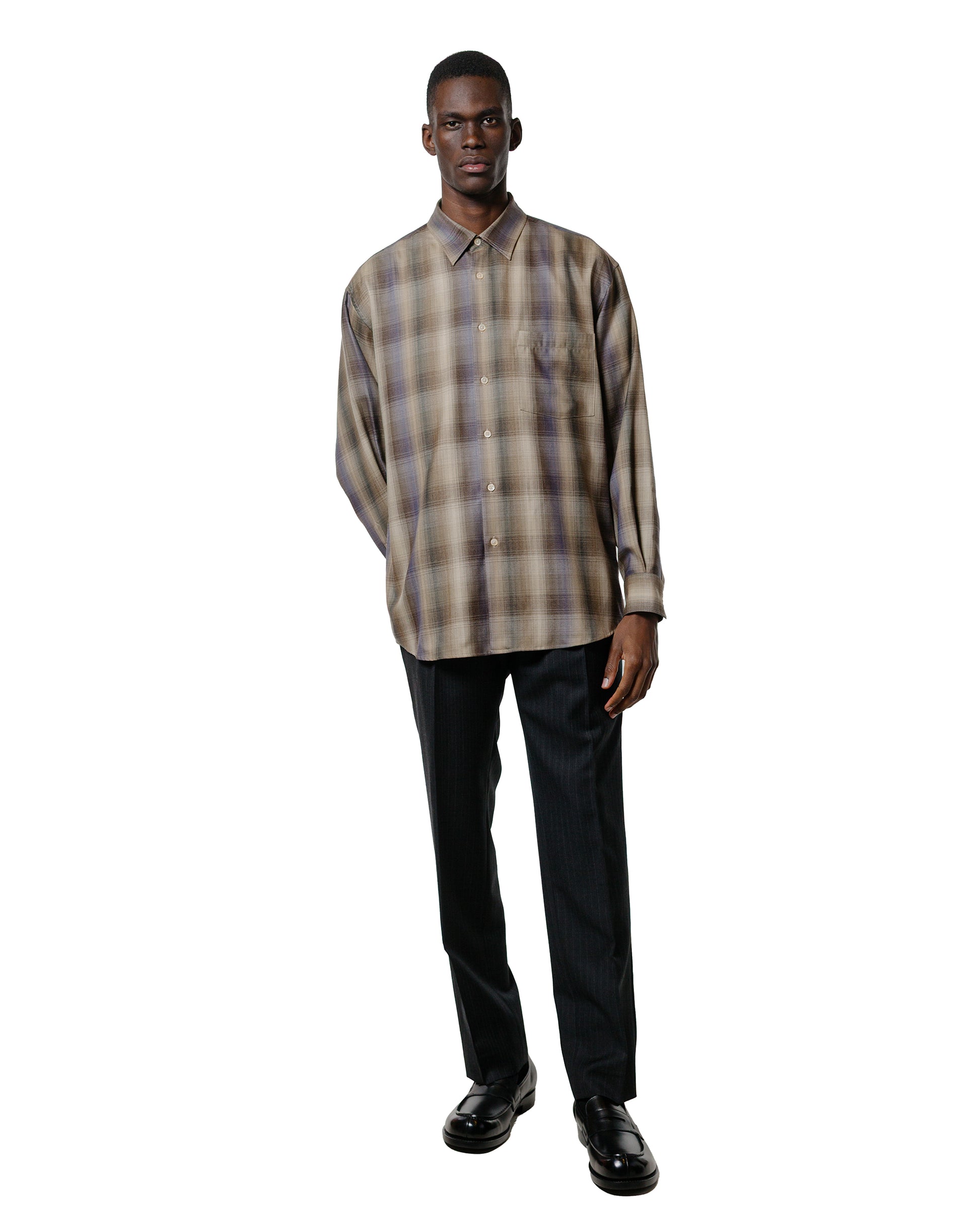 Auralee Super Light Wool Check Shirt Brown Blue Check