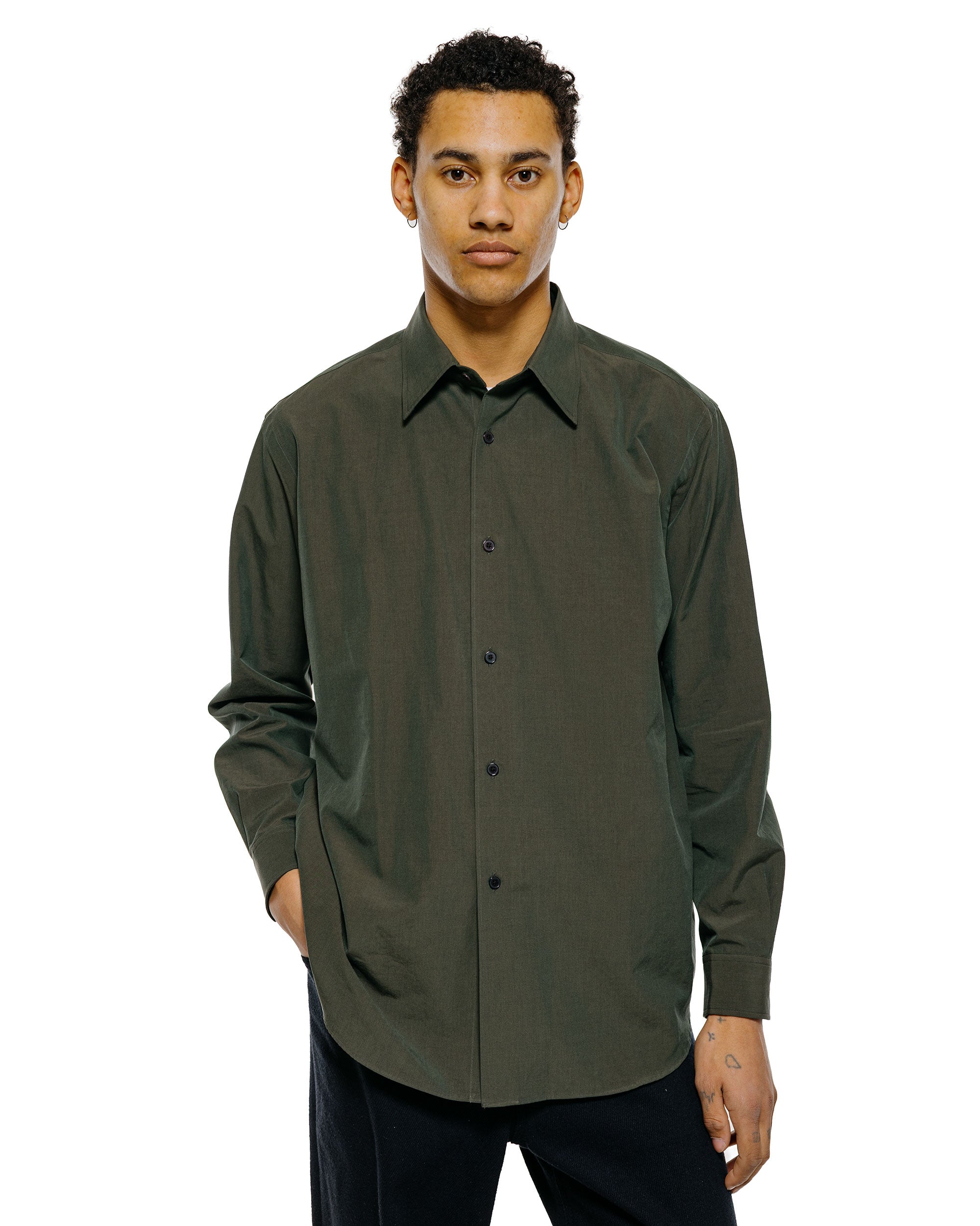 Auralee Washed Finx Weather Chambray Shirt Dark Olive