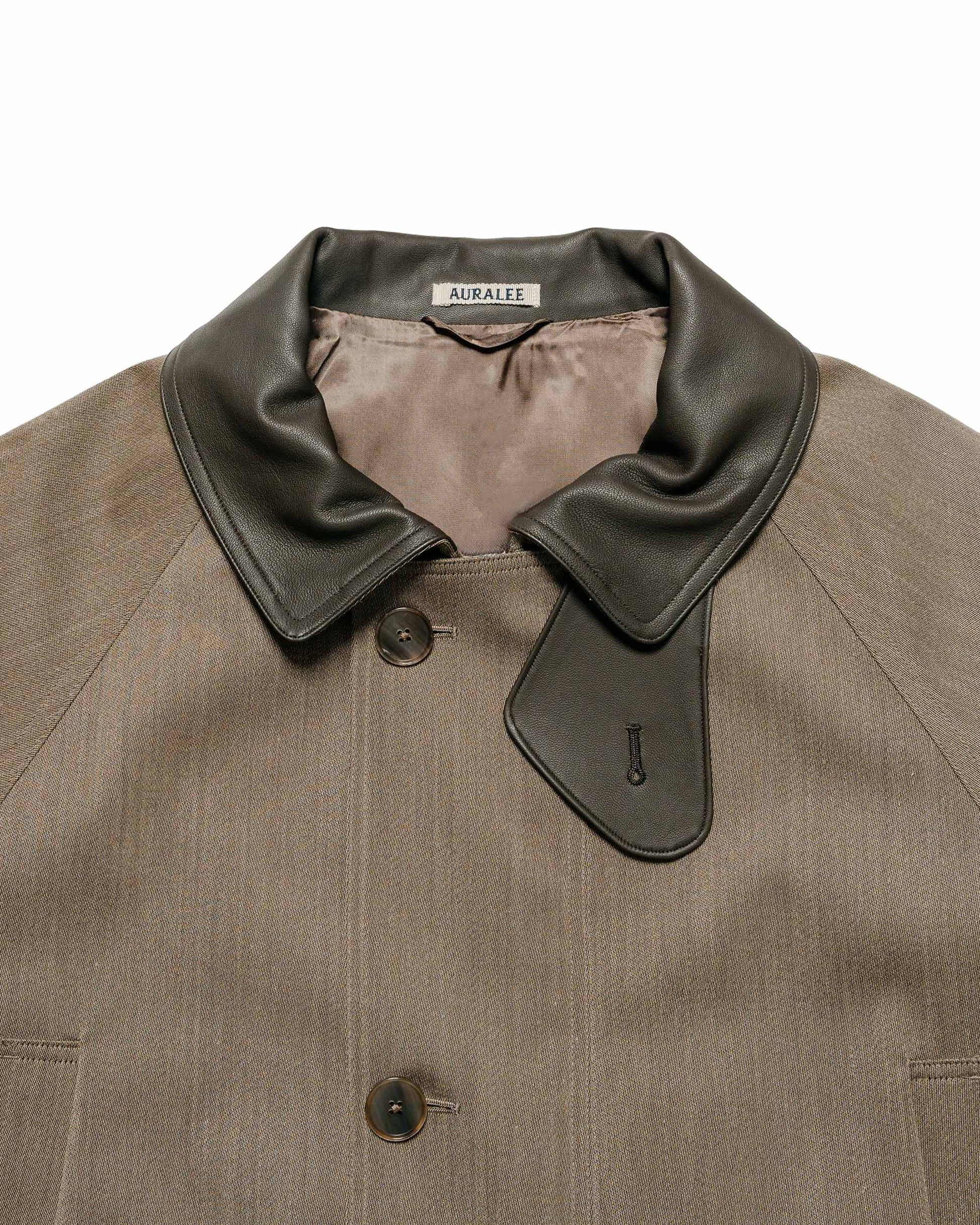 Auralee Wool Cavalry Twill Laminate Hunting Blouson Olive Brown collar