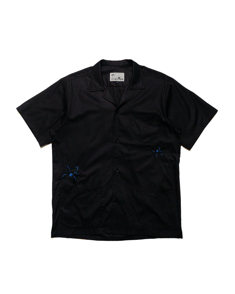 Bather Black Embroidered Lily Camp Shirt