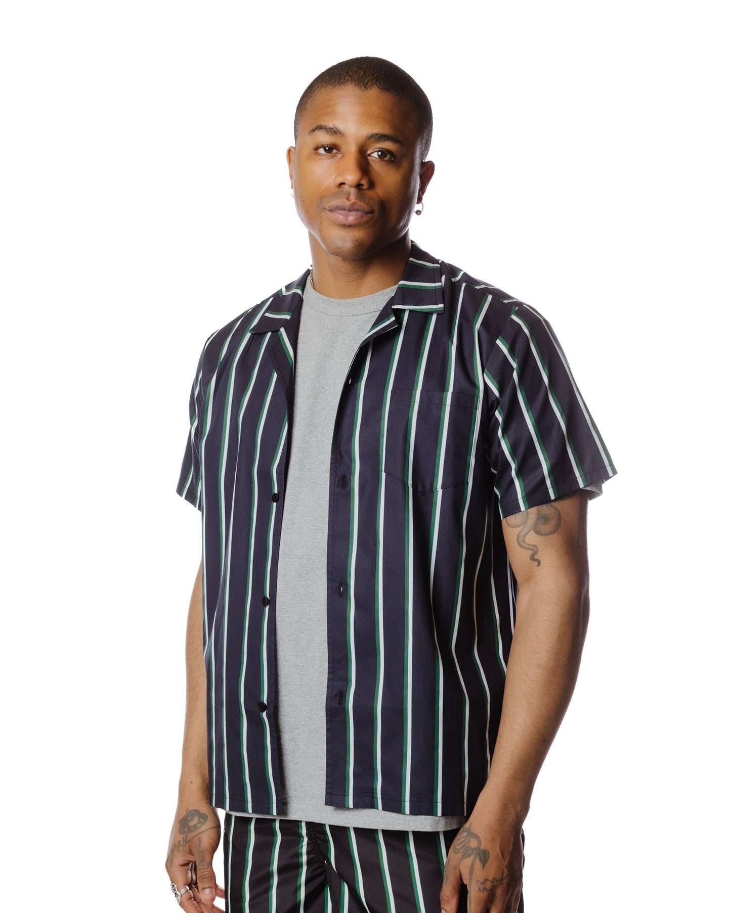 Bather Green & White Fine Stripe Camp Shirt