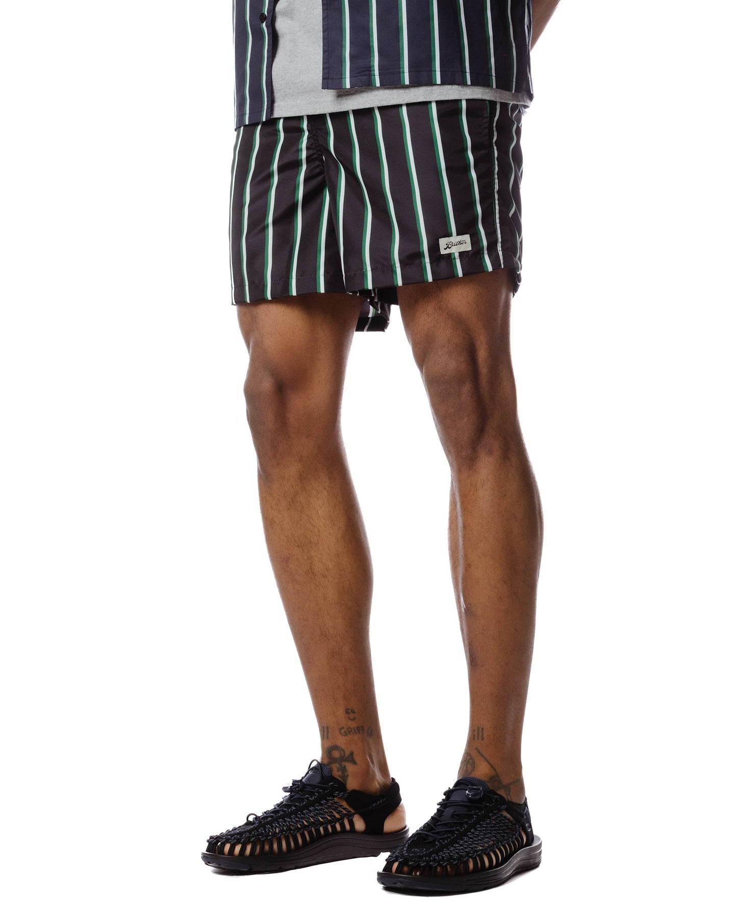 Bather Green & White Fine Stripe Swim Trunk