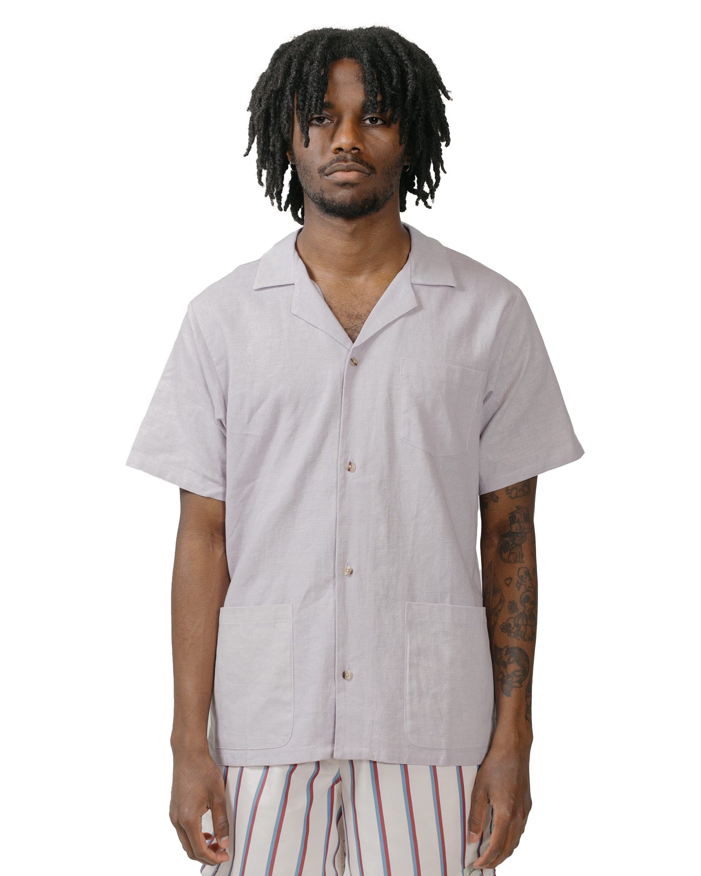 Bather Lavender Linen Traveler Shirt model front