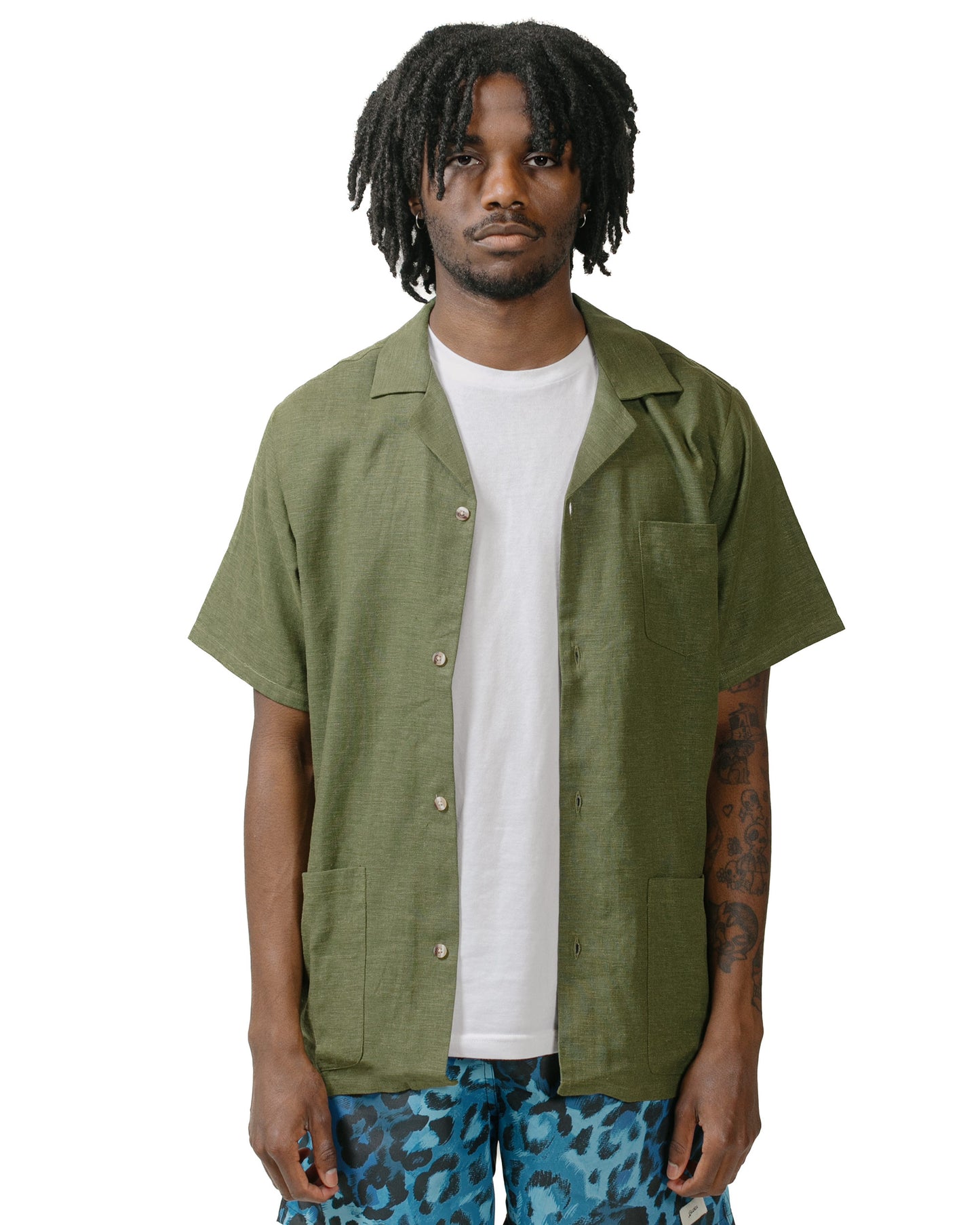 Bather Olive Linen Traveler Shirt model front