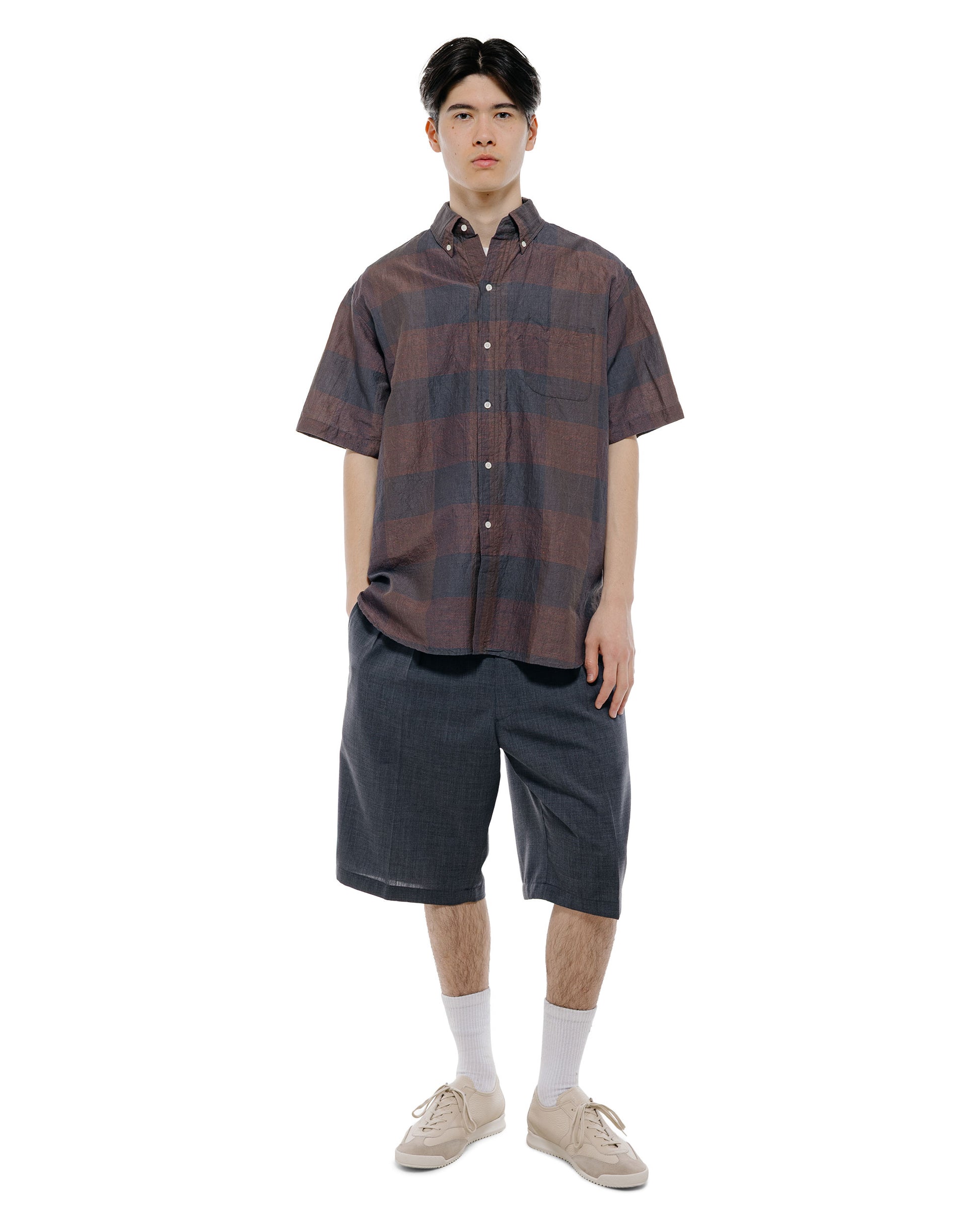 Beams Plus B.D. Classic Fit Cotton Linen Cord Check NavyPink