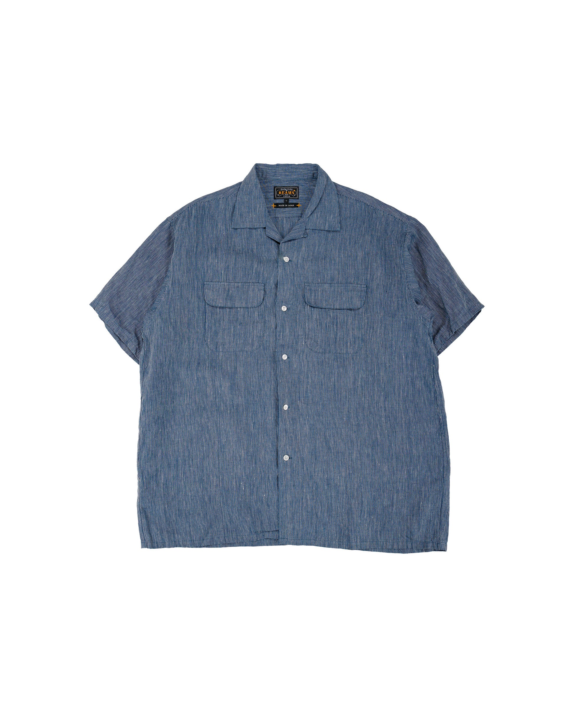 Beams Plus Open Collar Indigo Linen Stripe