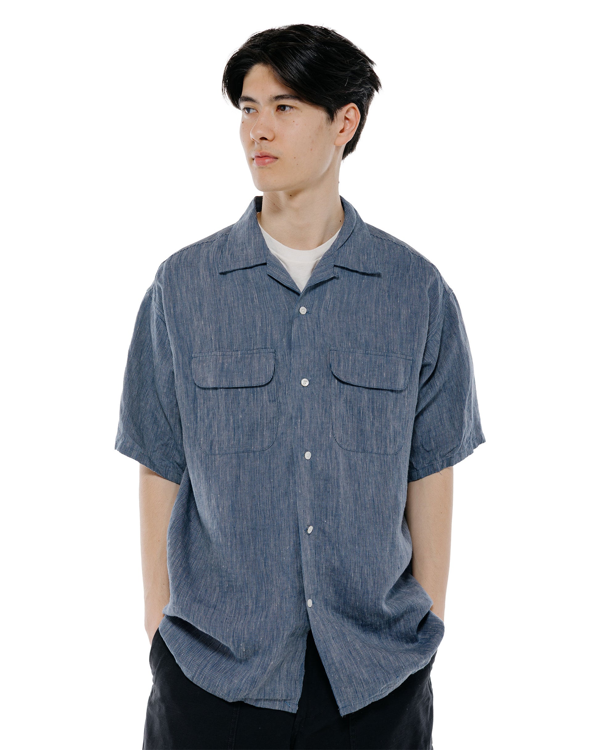 Beams Plus Open Collar Indigo Linen Stripe
